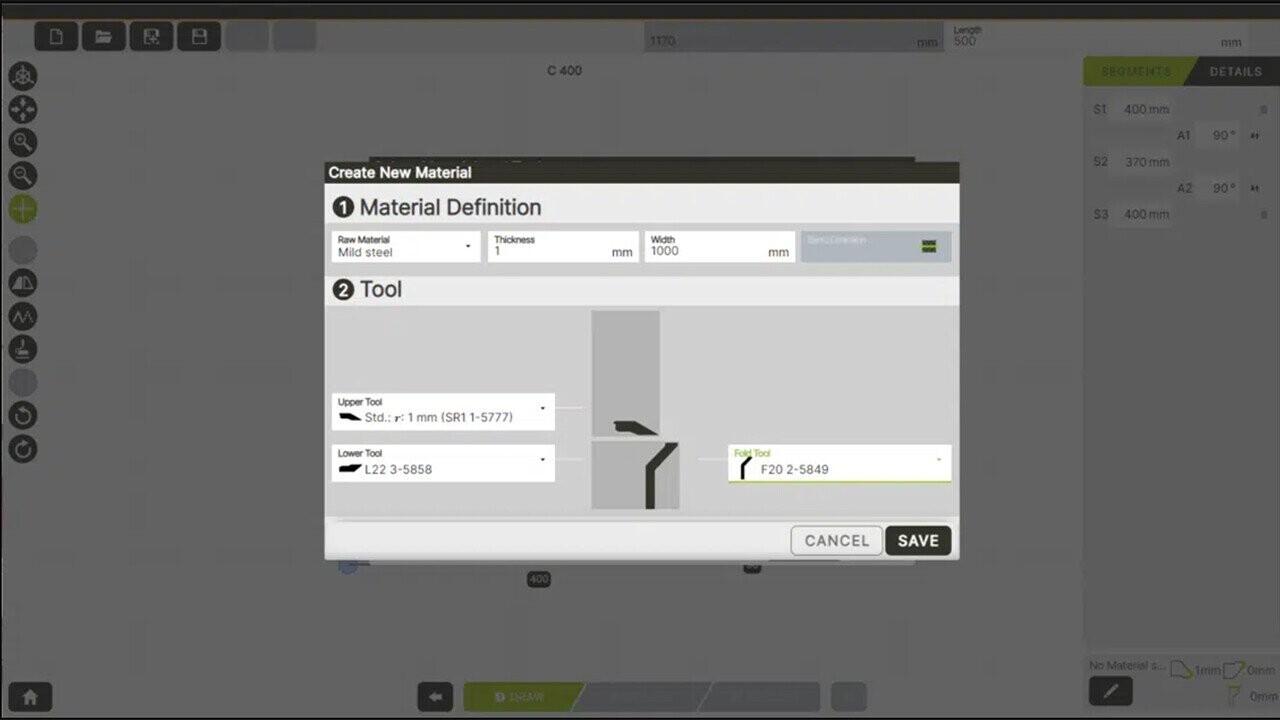 The operator is shown step-by-step instructions on how to carry out the bending process with the machine and how to manage tools and material.