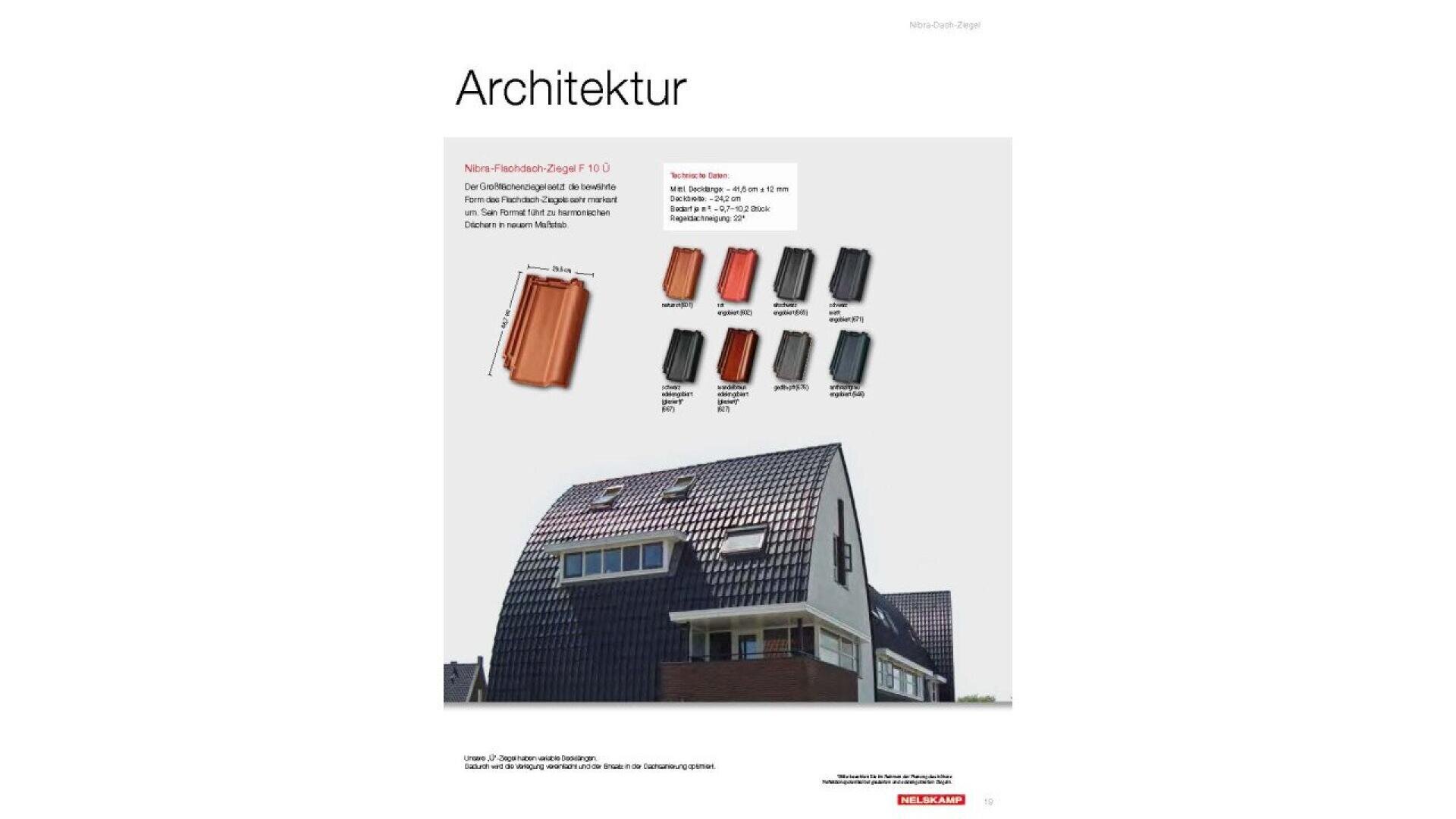 A page titled Architektur shows a photo of a house with a dark tiled roof and windows, alongside images and names of various roof tiles in different colors and shapes, with German descriptions and labels.