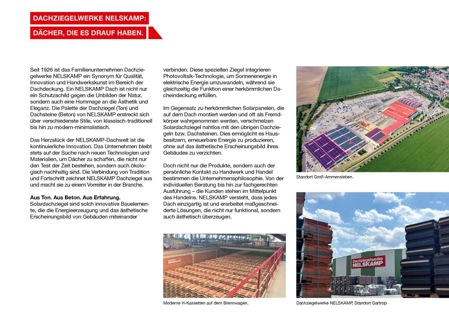 Eine Unternehmensprospektseite mit deutschem Text über NELSKAMP-Dachziegel, mit Luftaufnahmen von Fabriken, einer Nahaufnahme von gestapelten Dachziegeln und einem Außenlager, das mit Paletten von Dachziegeln gefüllt ist.