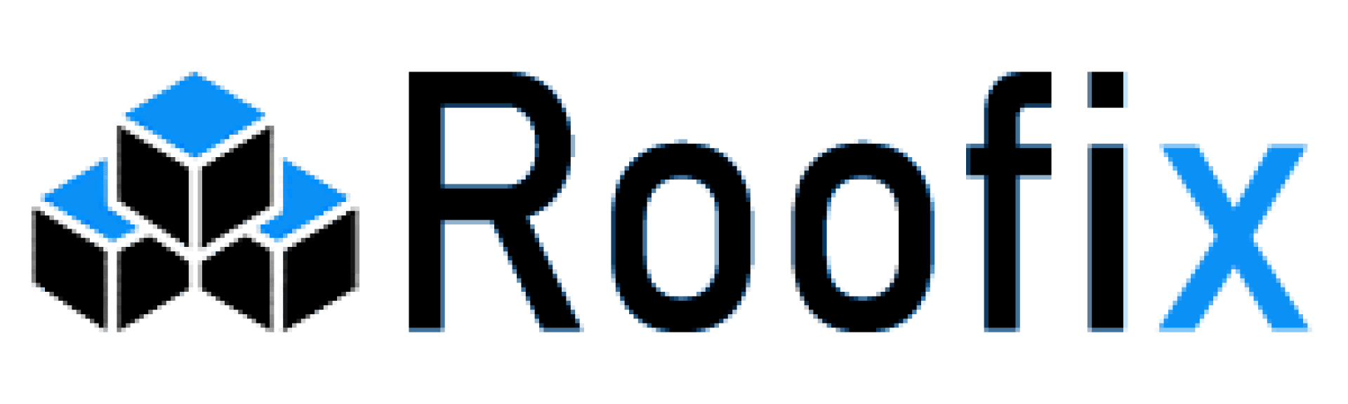 Logo für Roofix mit drei gestapelten schwarzen und blauen Würfeln, die eine geometrische Dachform links vom Markennamen bilden, der in schwarzer und blauer Schrift auf hellem Hintergrund geschrieben ist.
