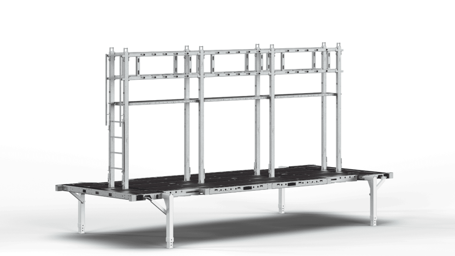 A modular, metal platform with four legs and a vertical frame structure attached to one side, suitable for industrial or construction use, displayed on a plain white background.