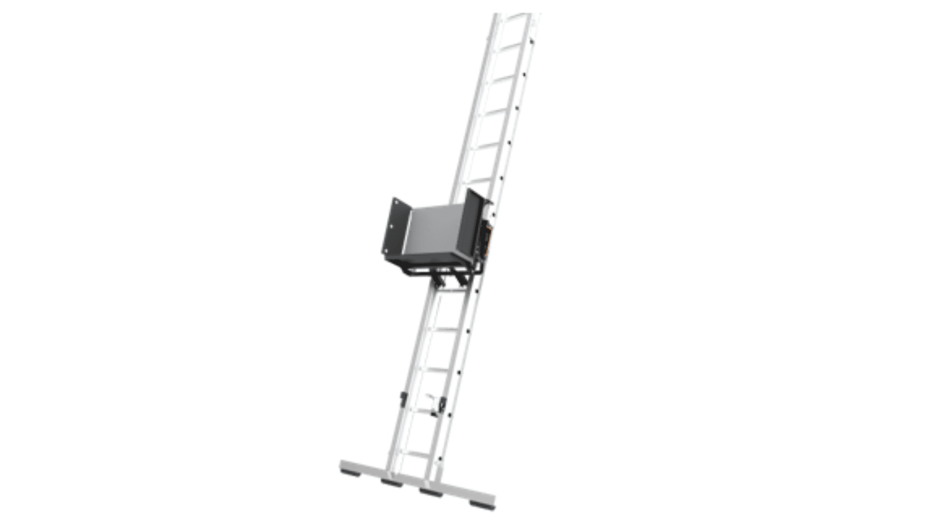 A mechanical ladder lift with a platform attached, designed to transport materials up and down the ladder, shown against a white background.