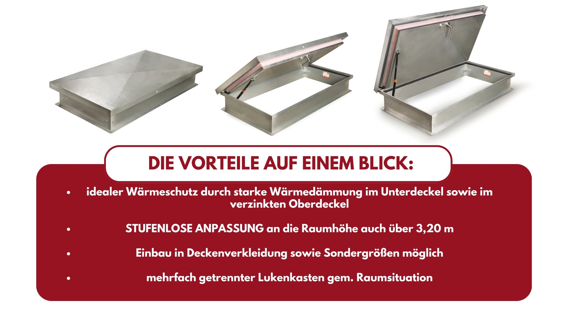 Drei Metalldachausstiege sind im geöffneten und geschlossenen Zustand abgebildet. Unten werden die Vorteile der Ausstiege hervorgehoben: starke Isolierung, einstellbare Größen über 3,2 m, Sondergrößen und mehrere getrennte Fächer.