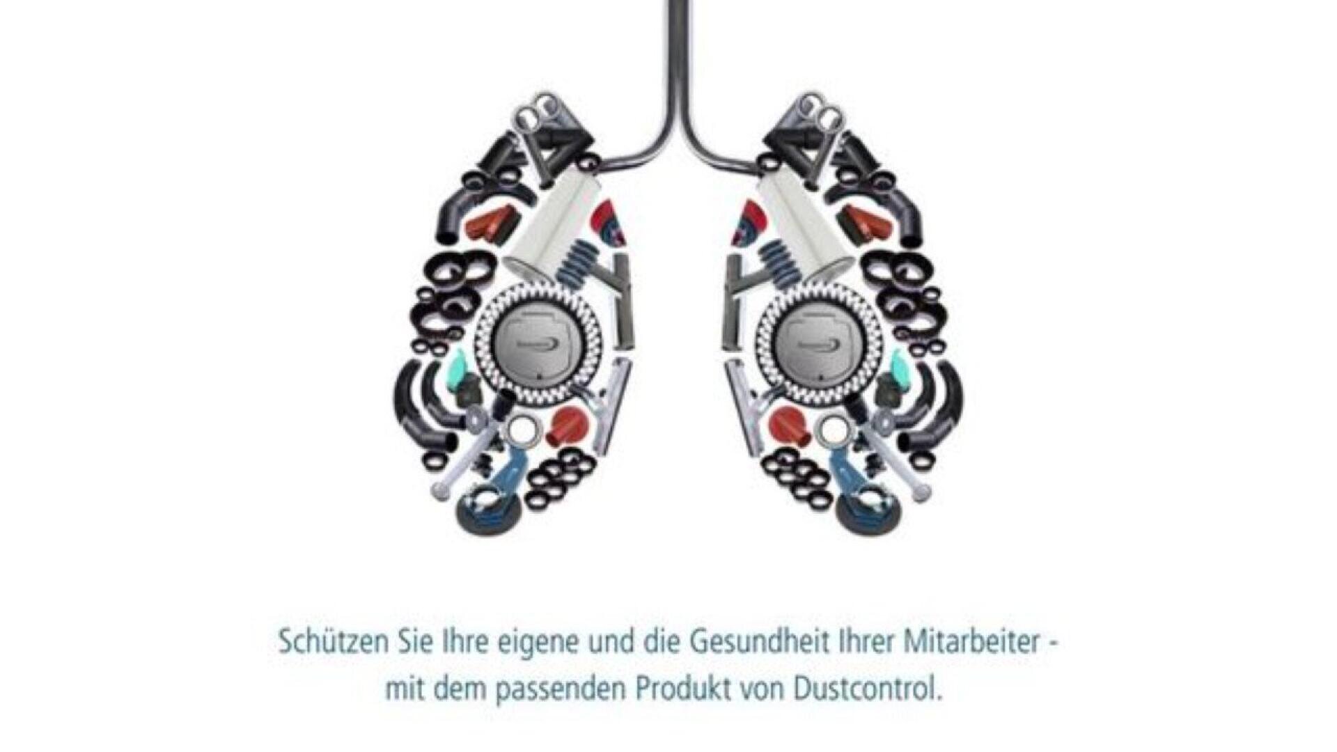 Two mechanical lungs made of industrial parts and gears are shown, symbolizing respiratory health. German text below promotes Dustcontrol products for protecting employees health.