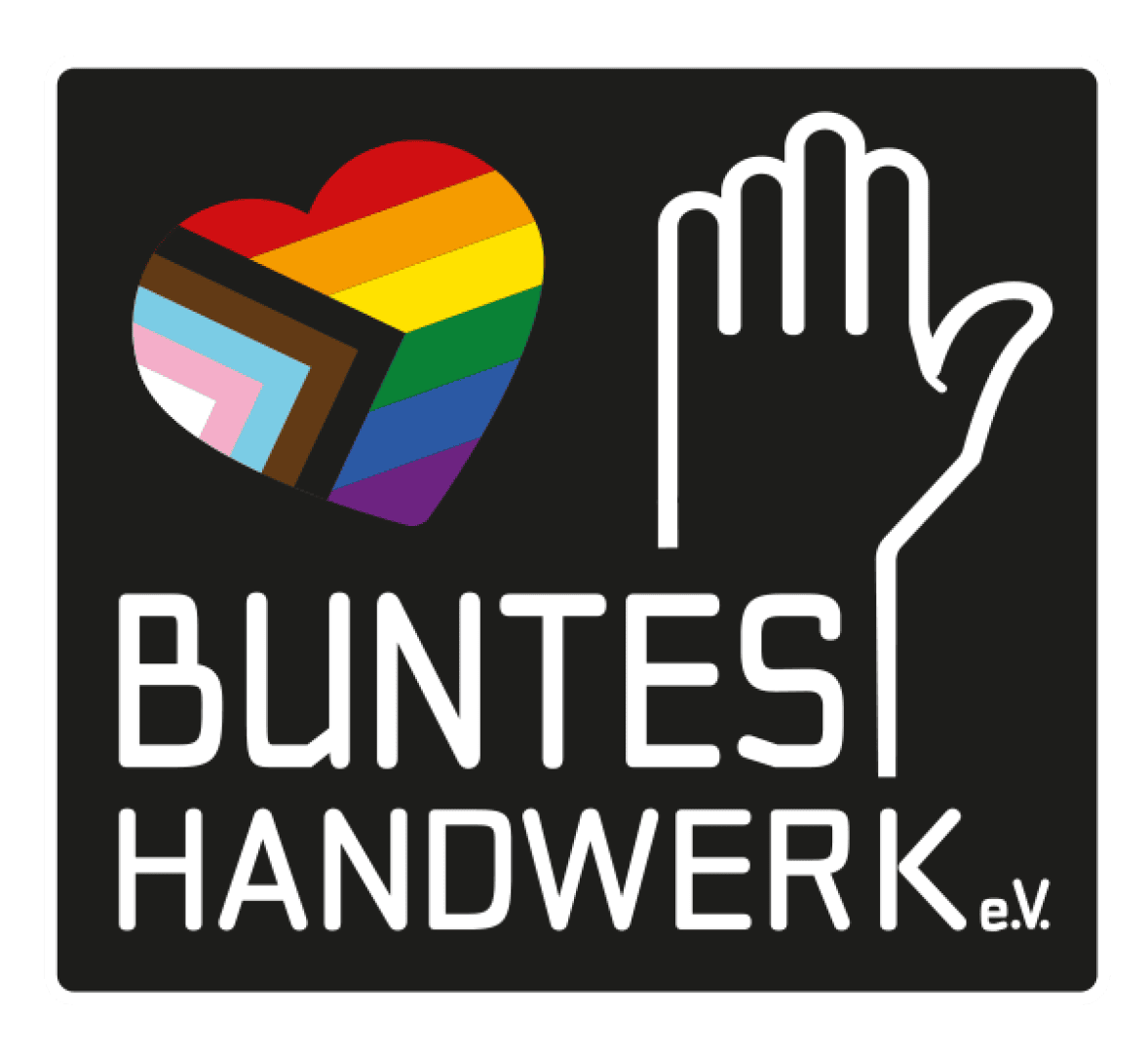 Ein Logo mit einem mehrfarbigen Herz in den Farben der Pride-Flagge, einem weißen Umriss einer erhobenen Hand und dem Text Buntes Handwerk e.V. auf schwarzem Hintergrund.