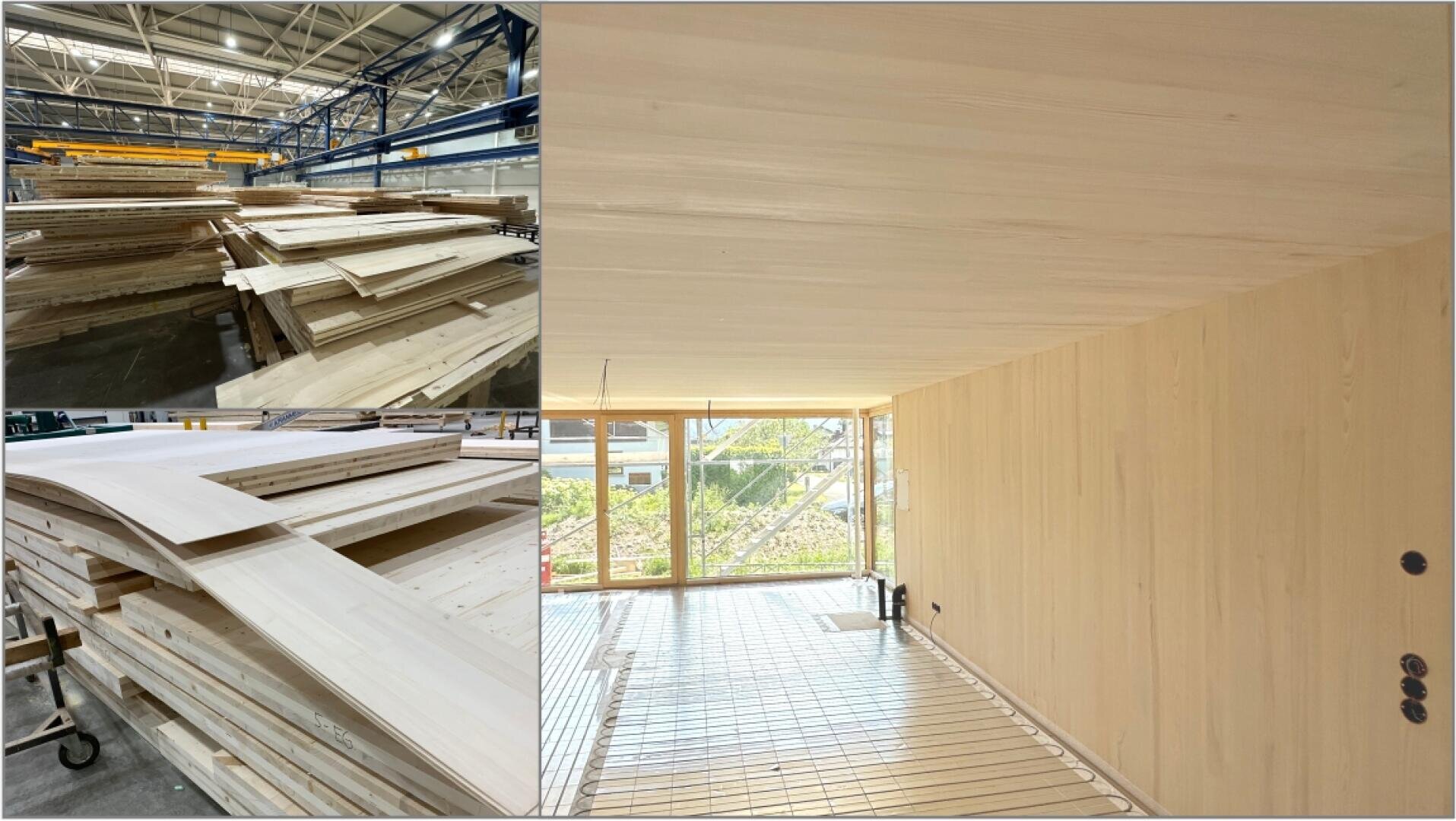 The collage shows stacks of light-colored wooden panels in a factory (top and bottom left) and a light-colored room with wooden walls and ceilings, large windows and an unfinished floor (right).