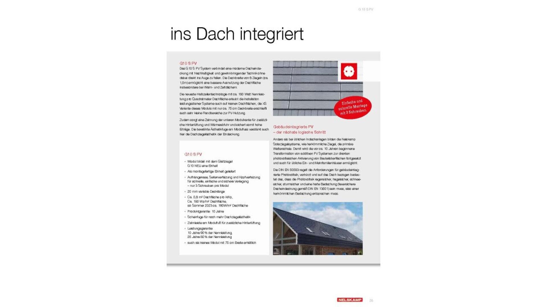 A brochure page showing integrated solar panels on a roof. The top reads ins Dach integriert. There is a photo of a house with solar panels and text in German explaining the features and benefits.