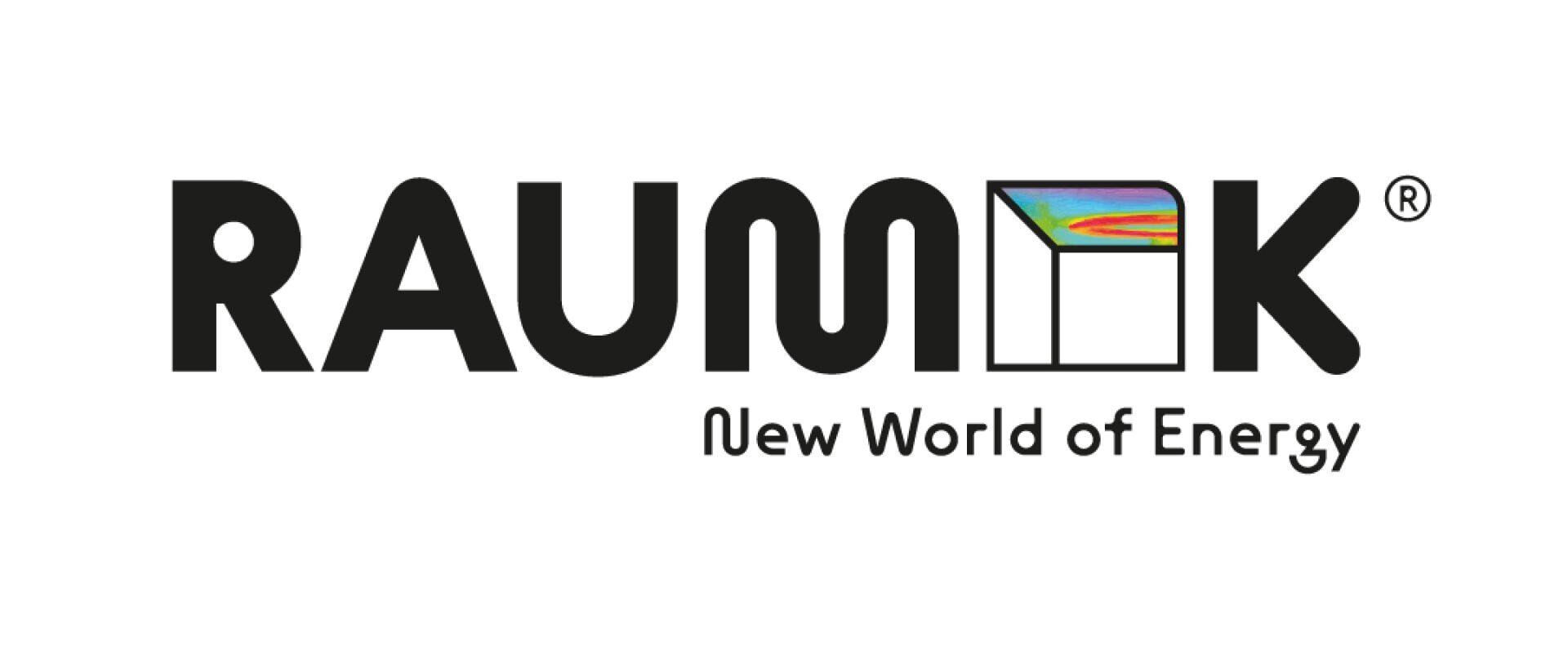 Logo für RAUMIK mit einem Würfeldesign, das den Buchstaben I ersetzt und bunte Energieflusslinien zeigt; darunter steht der Slogan „New World of Energy“.