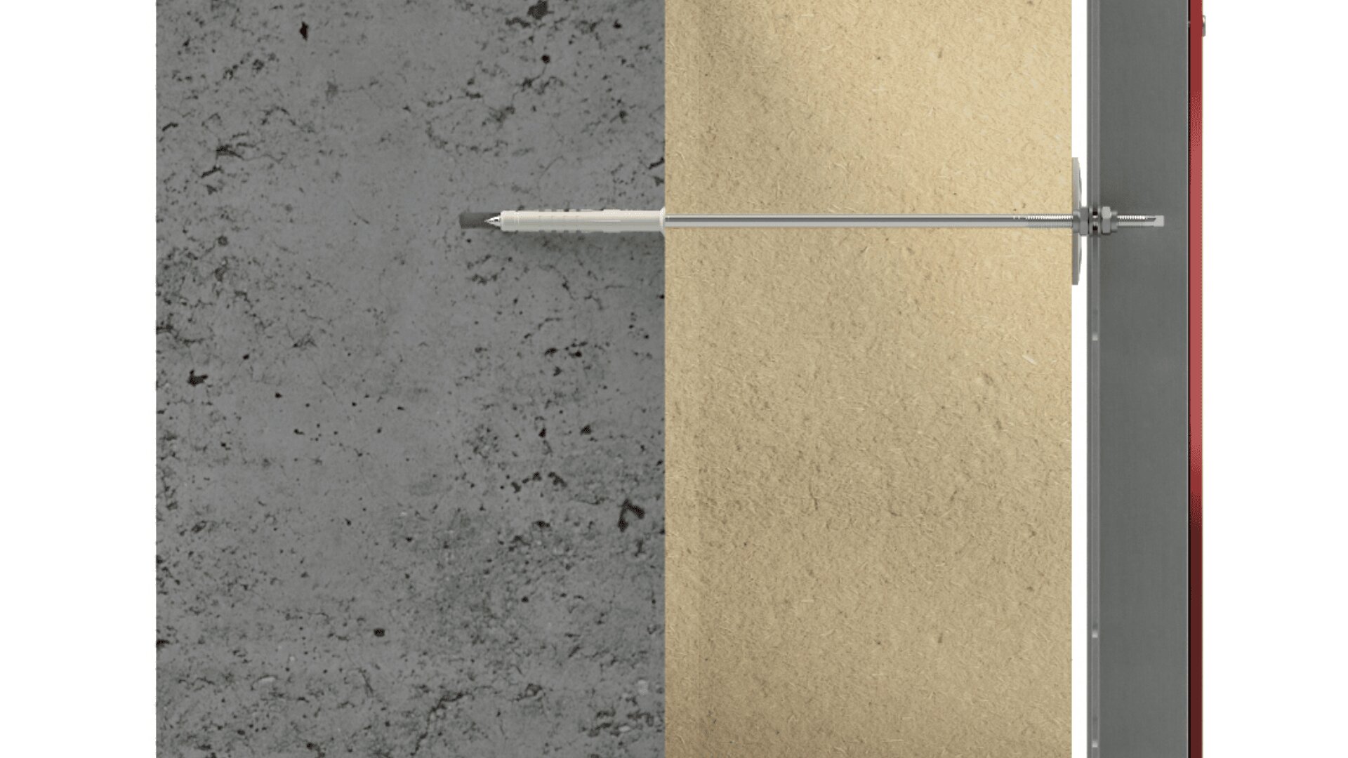 A metal rod is anchored into a gray concrete wall on the left, passing through a beige panel in the middle, and connected to a metallic fixture on the right.