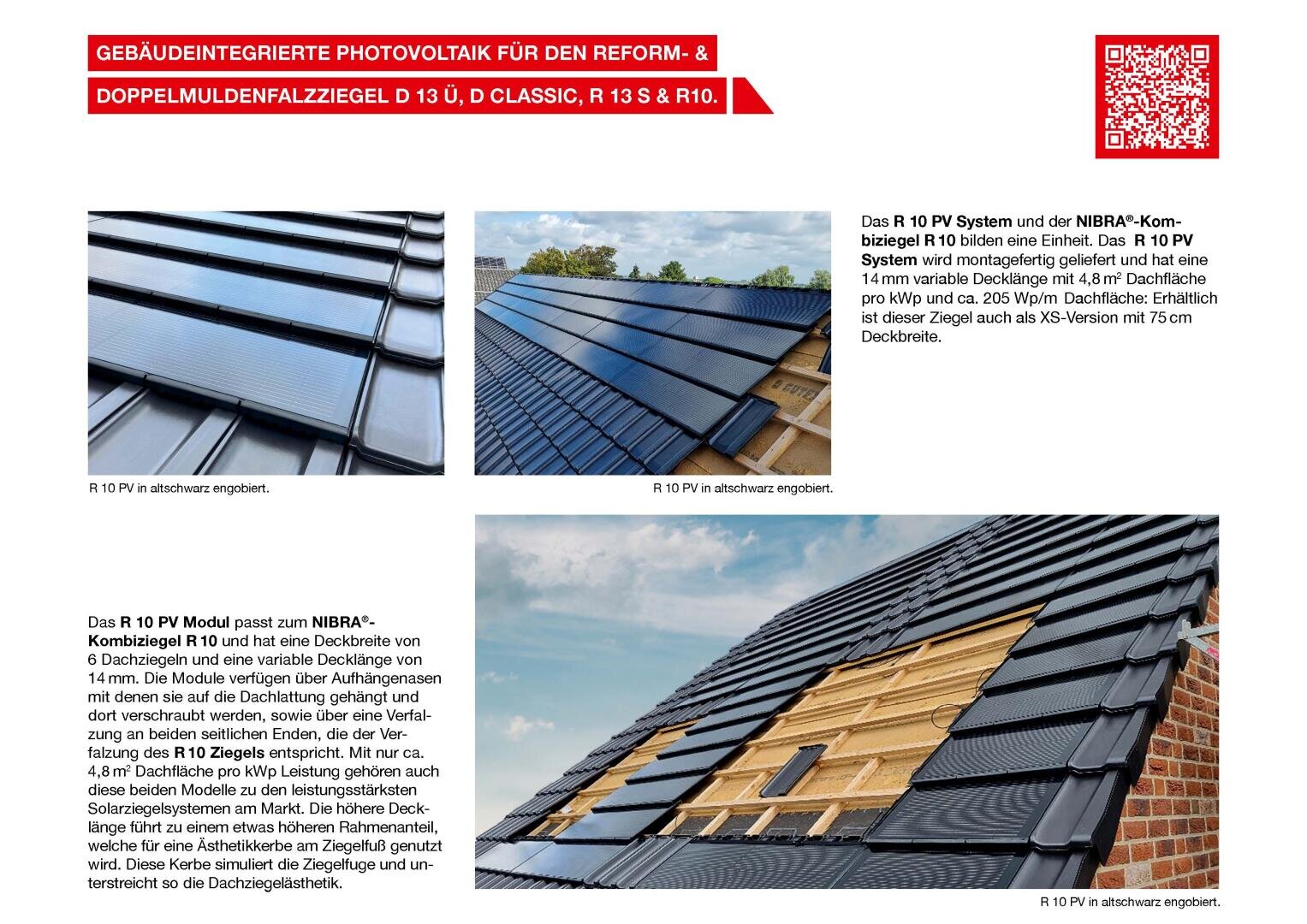 Eine Broschürenseite mit deutschem Text über gebäudeintegrierte Photovoltaik-Dachziegel, mit drei Fotos von dunklen Solardachziegeln, die auf Schrägdächern installiert sind, und technischen Details auf der linken Seite.