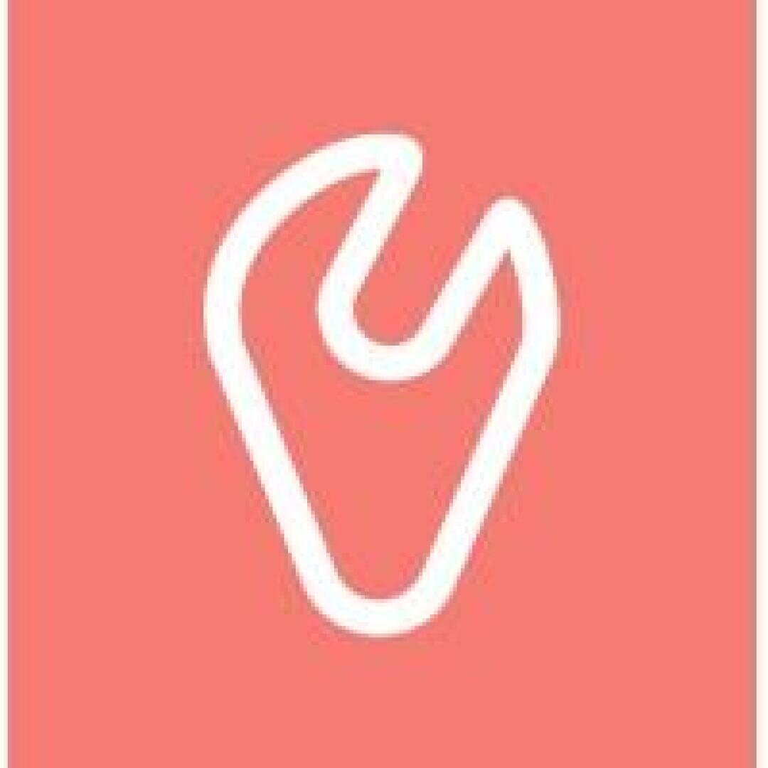 Eine einfache weiße Linienzeichnung, die einem stilisierten Ofenhandschuh auf einem festen korallenrosa Hintergrund ähnelt.