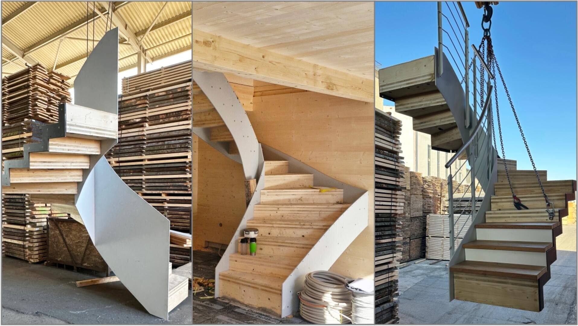 Drei Ansichten einer modernen Holzspindeltreppe mit Metallstützen in einem Industrielager, umgeben von Stapeln von Holz und Baumaterialien.