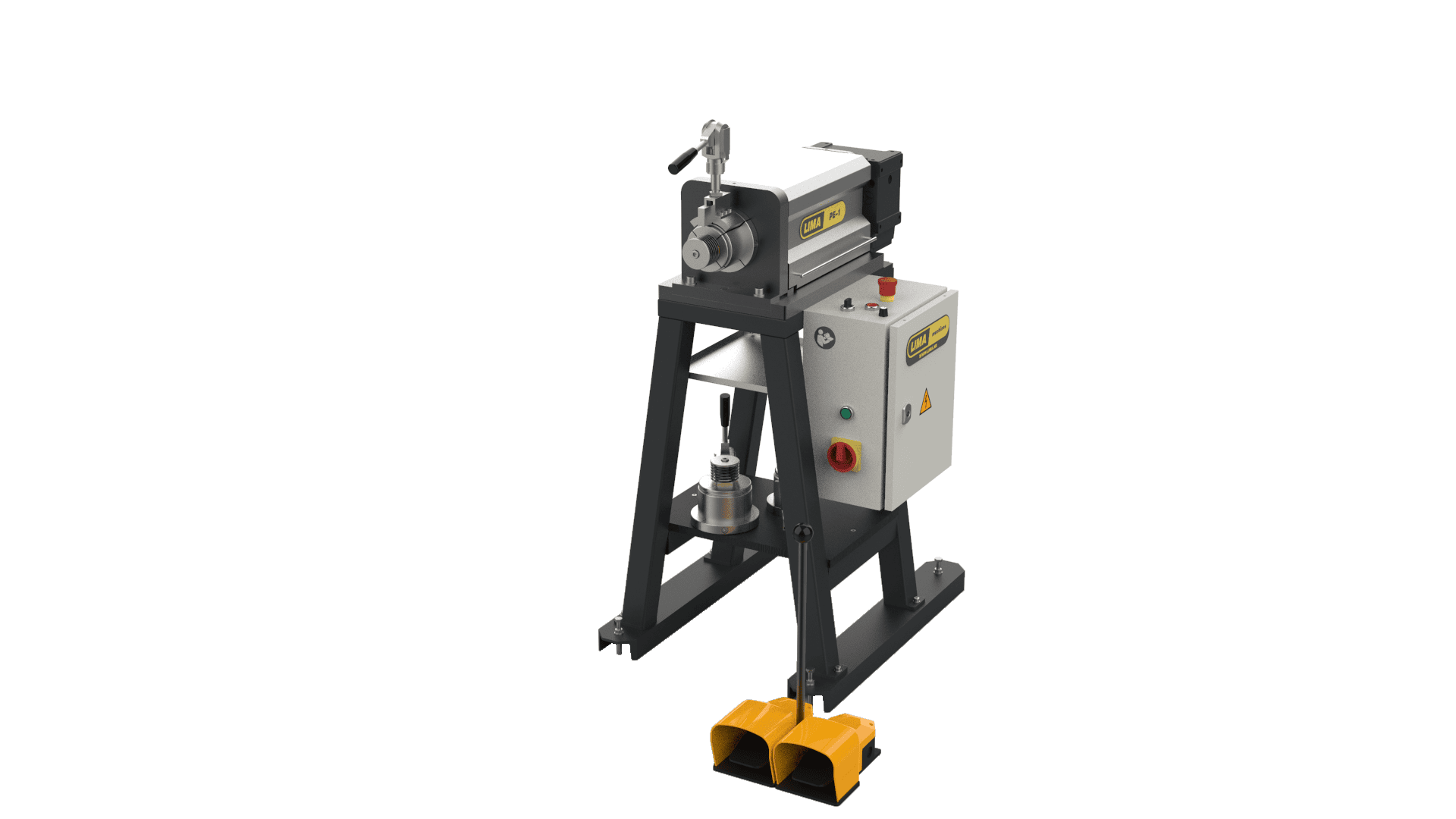 Industrielle Metallwalzmaschine mit schwarzem Rahmen, Bedienfeld, Einstellhebel und zwei gelben Fußpedalen, isoliert auf weißem Hintergrund.