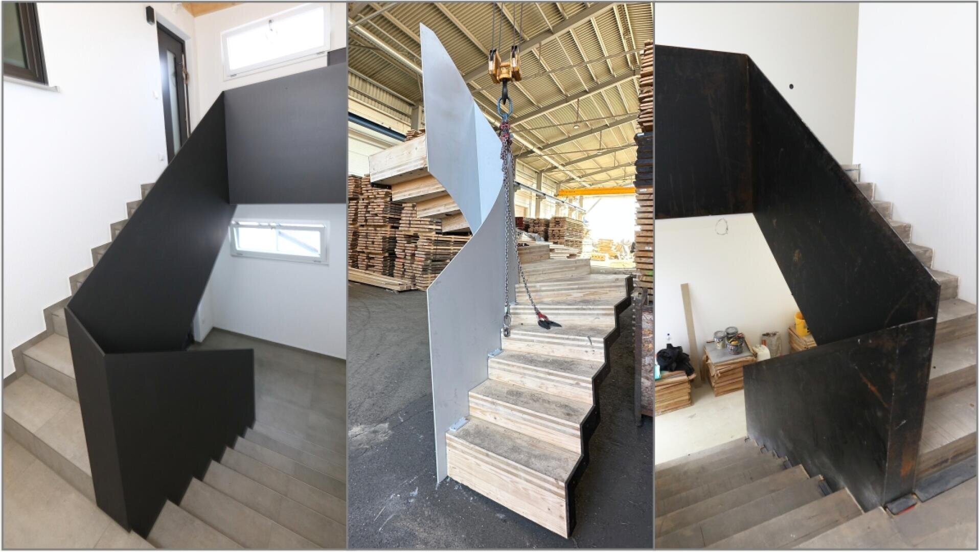 Drei Bilder einer modernen Treppe mit kantigem schwarzem Metallgeländer, die in Innenräumen und in einer Werkstatt in verschiedenen Phasen der Konstruktion und Installation gezeigt werden.