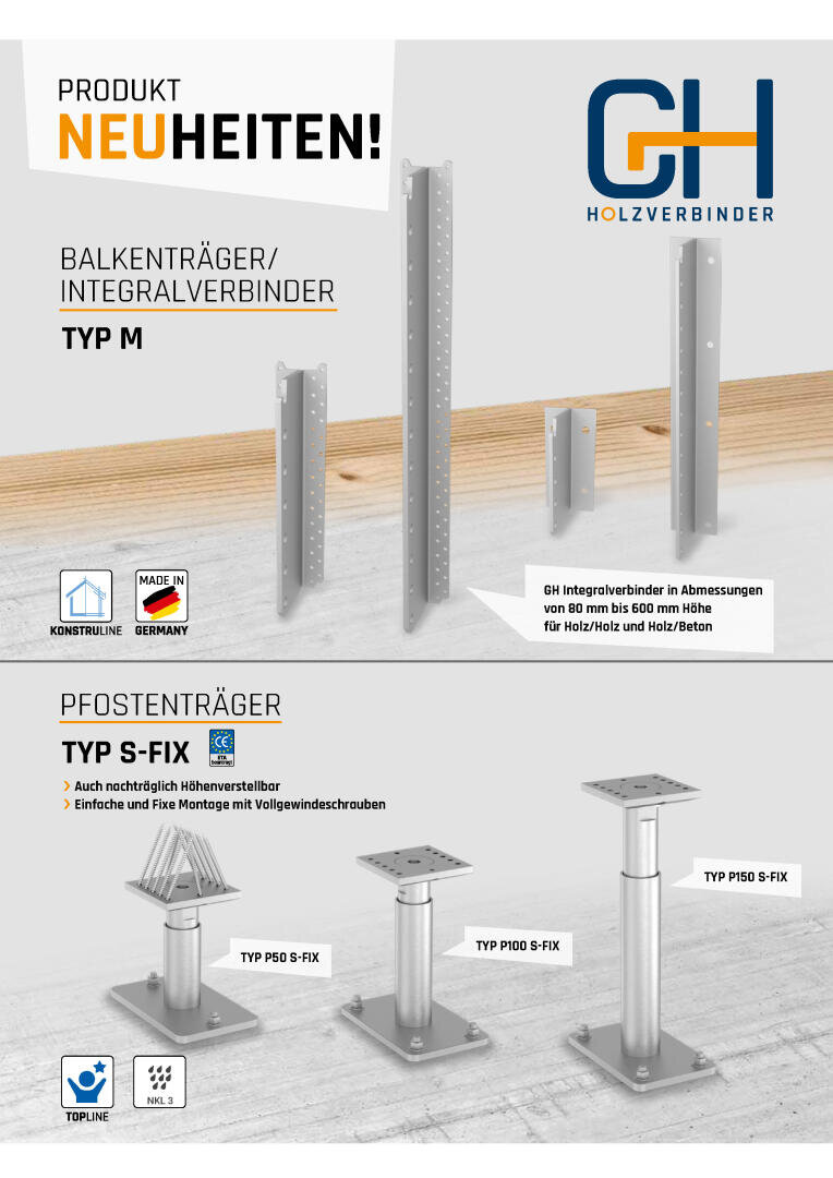 A product advertisement presenting the new metal timber connectors: vertical and flat integral connectors (type M) and adjustable post bases (type S-FIX) in three sizes. Trademarks and certification symbols are included.