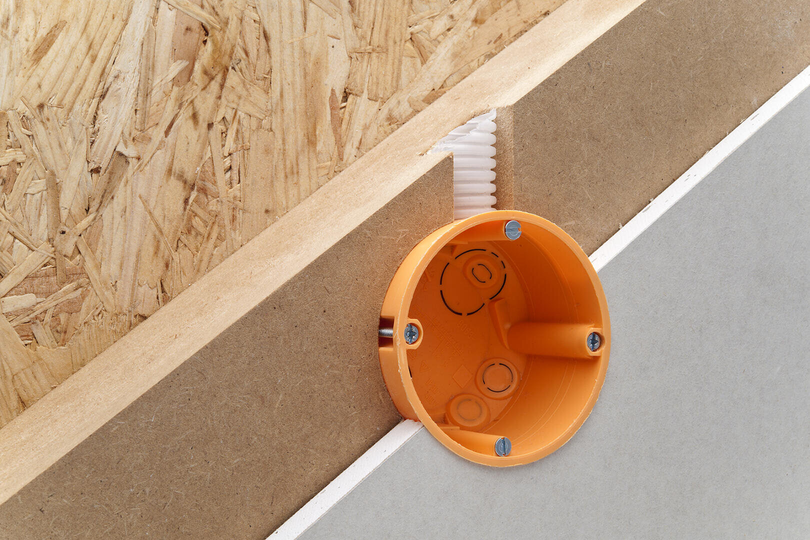 Ein orangefarbener, in einer Wand installierter elektrischer Anschlusskasten aus Kunststoff, über dem zwischen Holz- und Faserplatten ein weißes Elektrokabel verläuft.