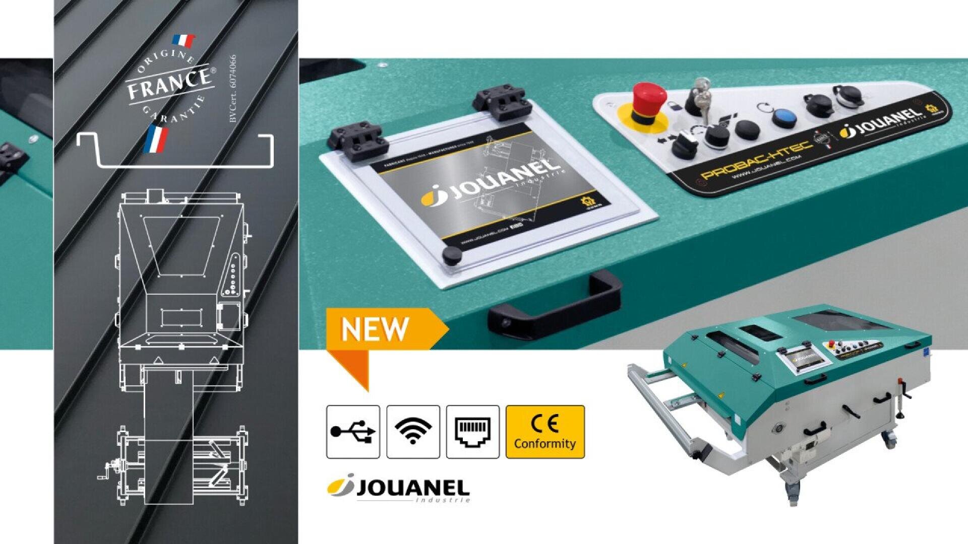 Nahaufnahme einer grün-schwarzen Industriemaschine mit Bedientasten und Touchscreen, beschriftet mit „Jouanel“. Die Symbole zeigen WLAN, App und CE-Konformität an. Ein „NEU“-Tag und ein französisches Herkunftszeichen sind ebenfalls sichtbar.