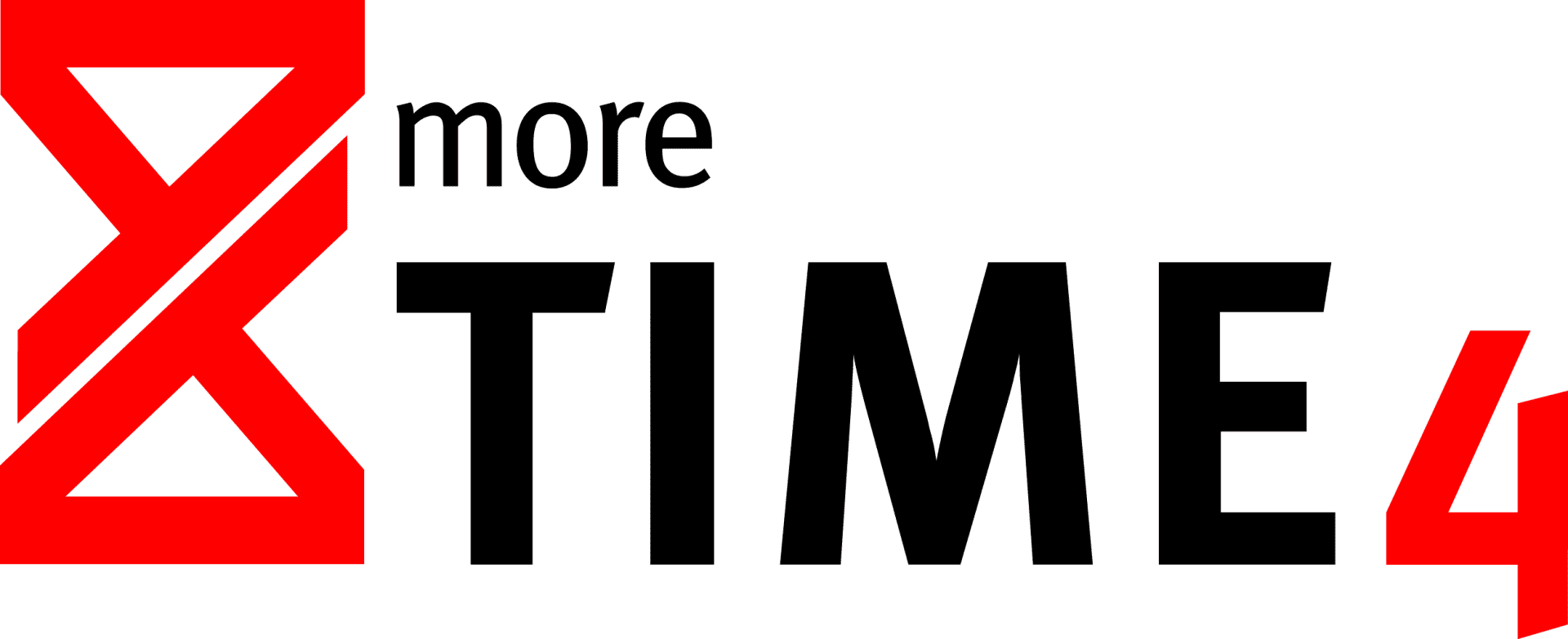 Rotes Sanduhrsymbol und die horizontal gestapelten Wörter „more TIME 4“, wobei „more“ in Kleinbuchstaben über „TIME“ in großen, fetten schwarzen Buchstaben steht und am Ende eine rote Zahl 4 steht.