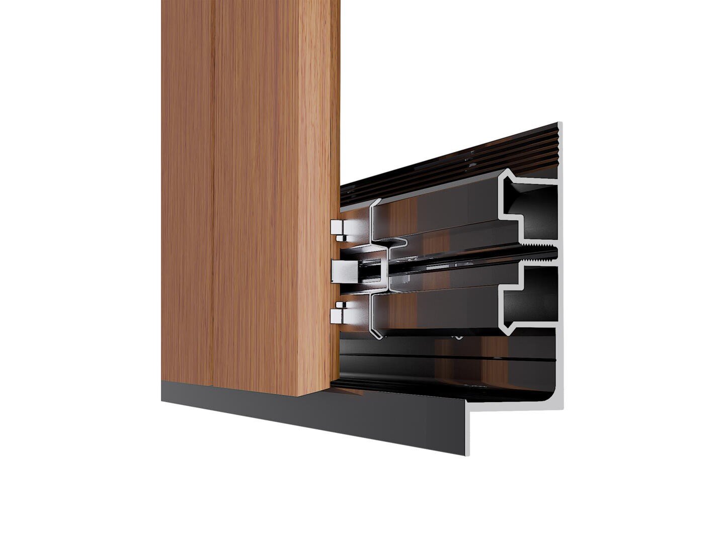 Nahansicht eines Türrahmens mit Holzverkleidung, Metallteilen und einer Gummidichtung, die die inneren Strukturdetails und Schichten zeigt.