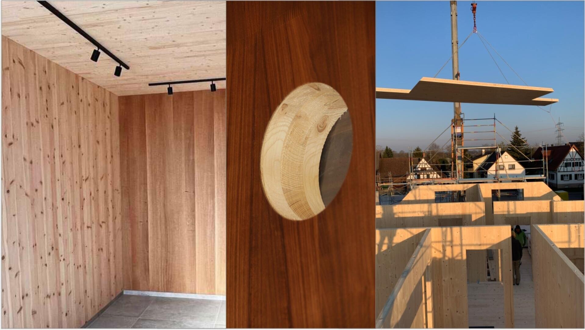 Three images: an interior with walls and ceiling made of natural wood, a close-up of a round hole in the wood and a slab being lifted by a crane over a wooden building under construction outside.