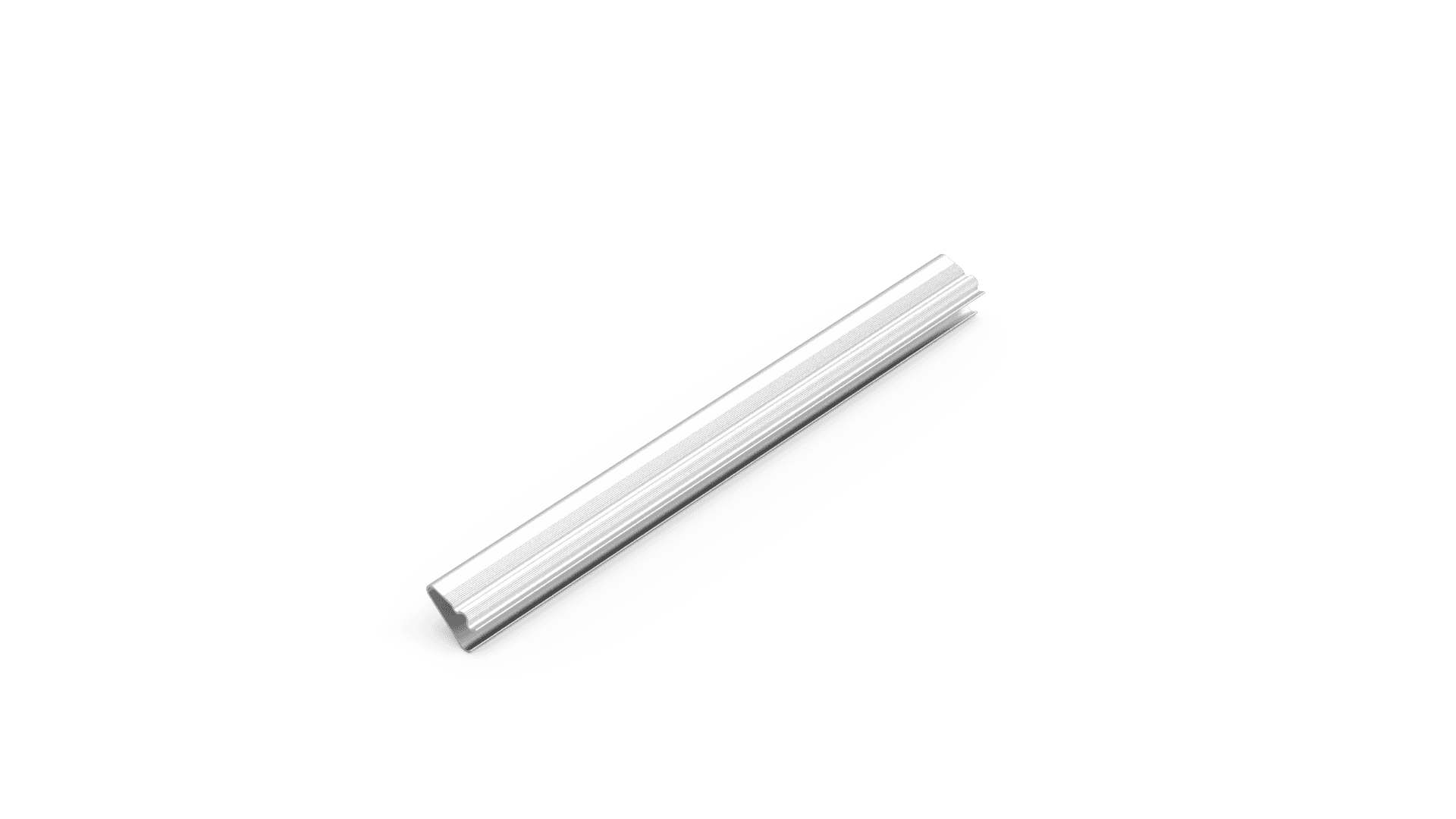 Ein einzelner silberner Metallstab mit geriffelten Seiten liegt diagonal auf einem weißen Hintergrund, mit grünen abstrakten Pinselstrichen in der oberen rechten Ecke.