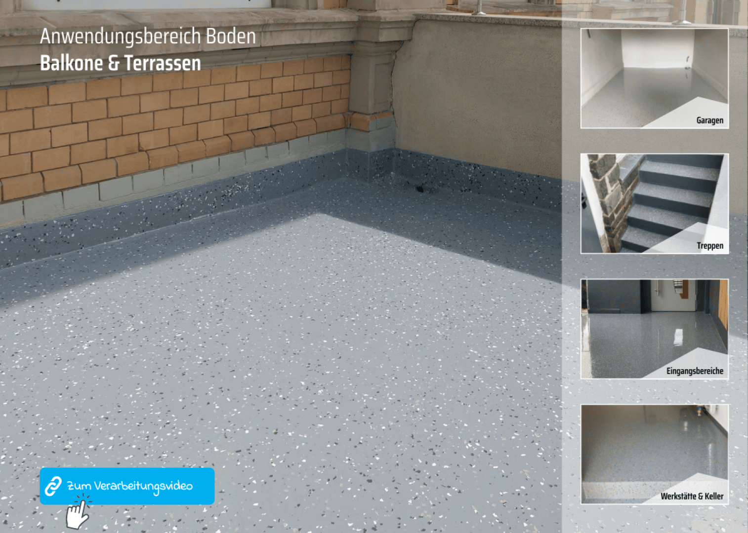 A balcony floor coated with a speckled, blue-gray surface. On the right, smaller images show similar flooring in a garage, on stairs, in an entryway, and a workshop. White German text labels each use area.