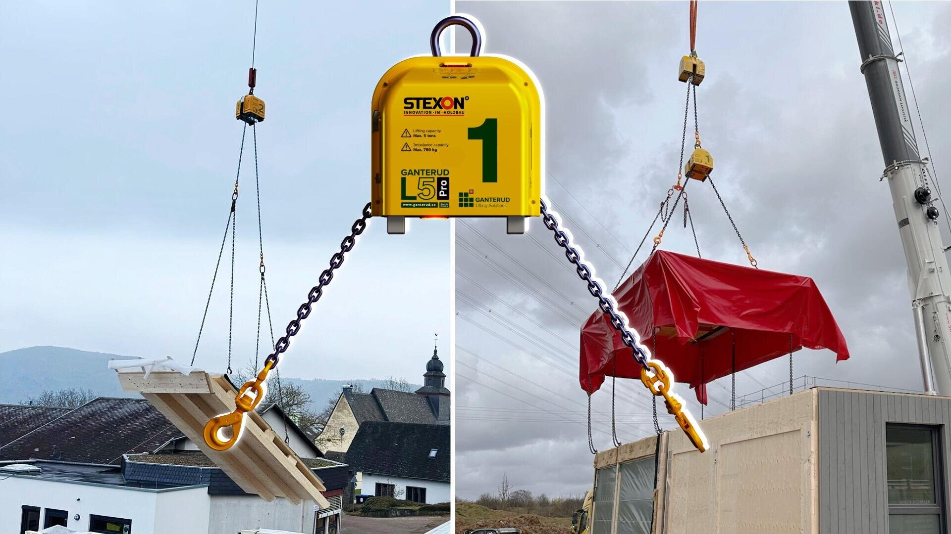 Ein gelbes STEXON-Hebegerät hebt große Gegenstände mit Ketten und Haken an; links hebt es eine weiße Platte an, rechts einen mit einer roten Plane abgedeckten Gegenstand, beide auf einer Baustelle im Freien.