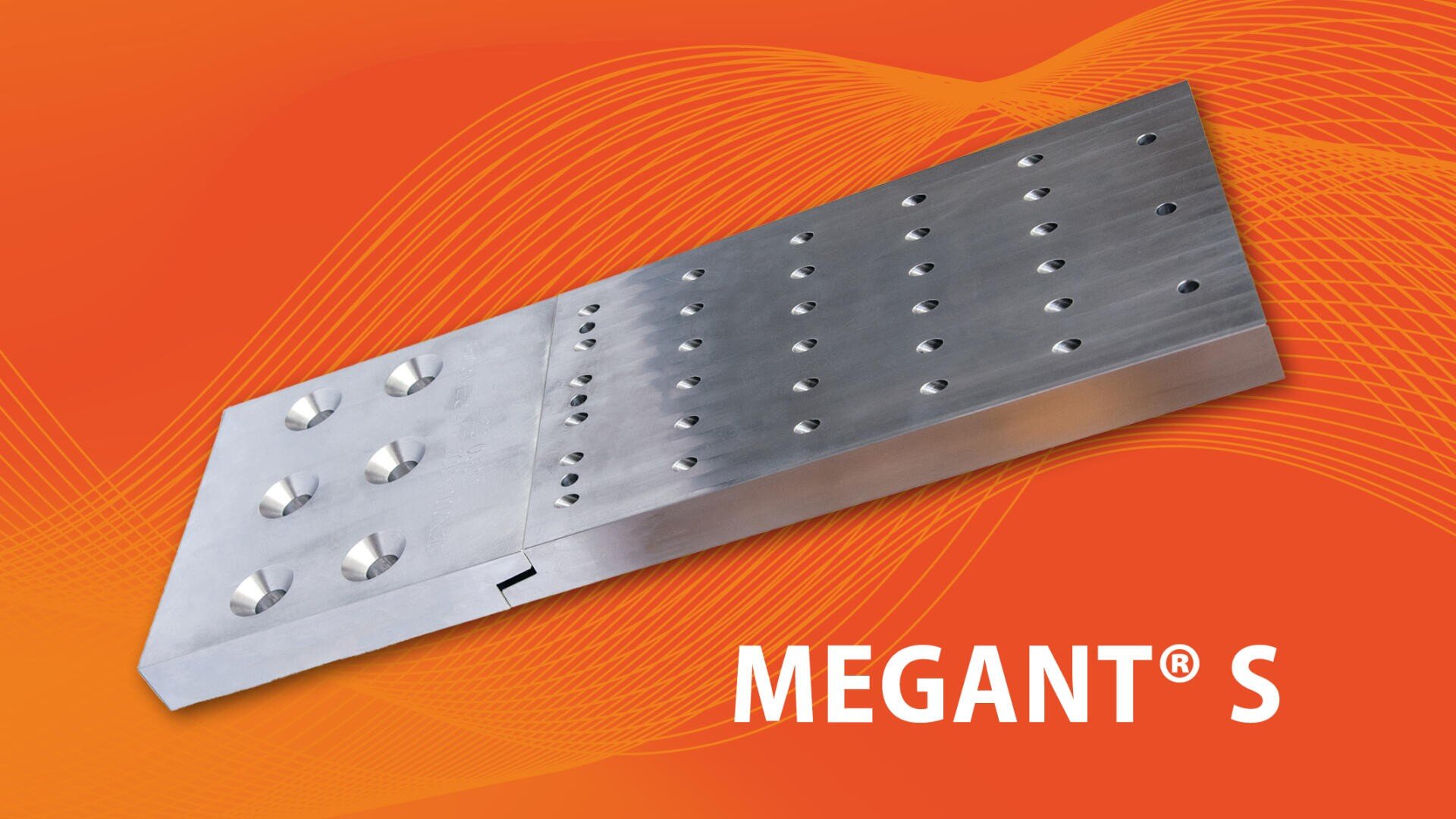 A rectangular metal plate with several holes is depicted on an orange background with yellow wave patterns. The text MEGANT® S appears in white lettering at the bottom right.