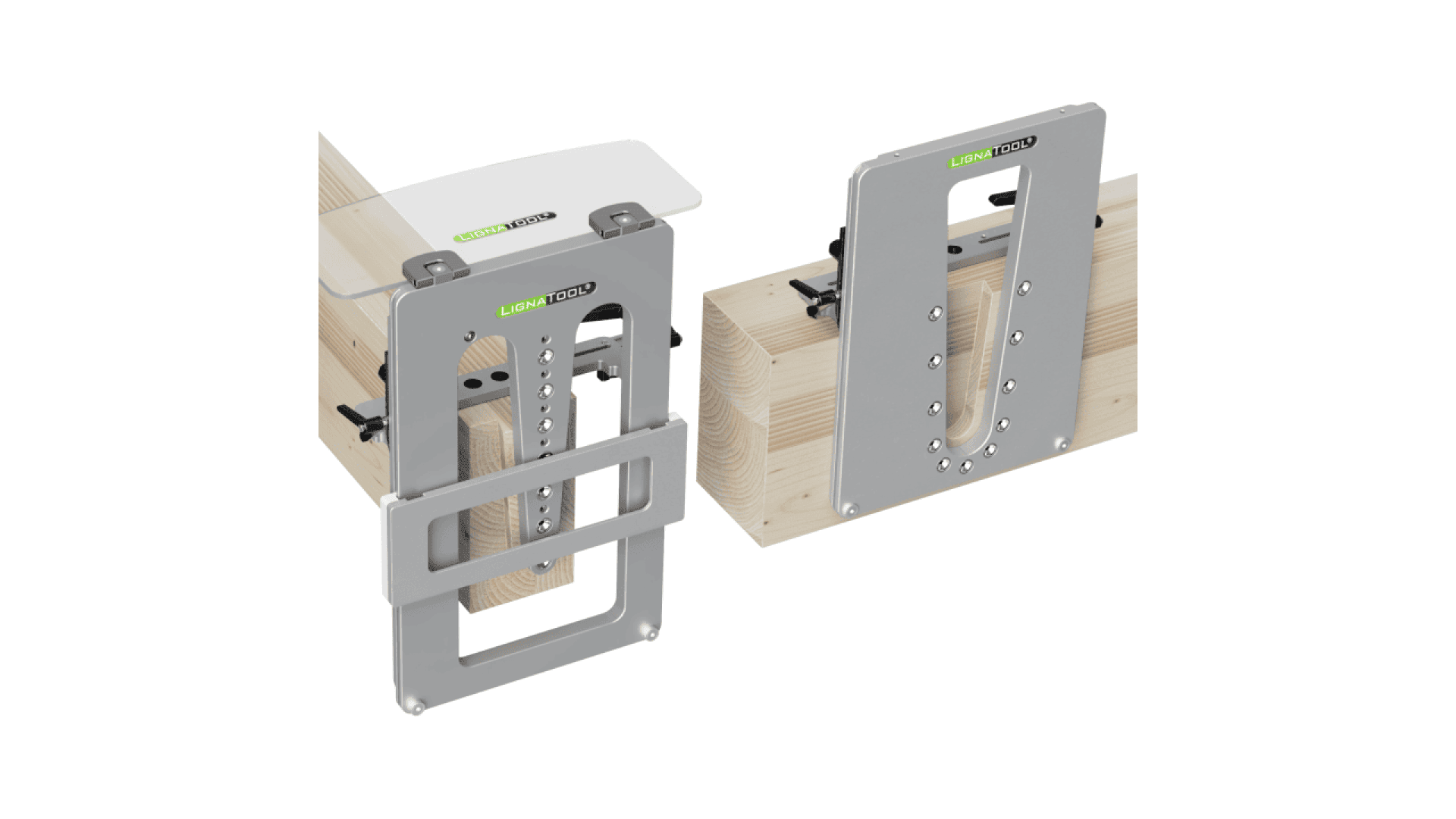 Two gray metal jig tools are attached to wooden beams, shown from different angles on a white background. Each jig features slots, clamps, and a green LEIGH logo on top.