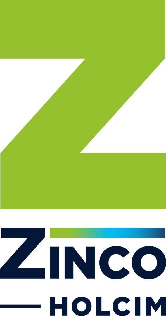 Ein großer grüner Buchstabe Z über dem Wort ZINCO in Dunkelblau mit einer grünen und blauen Verlaufslinie darüber und HOLCIM in kleineren dunkelblauen Buchstaben darunter.