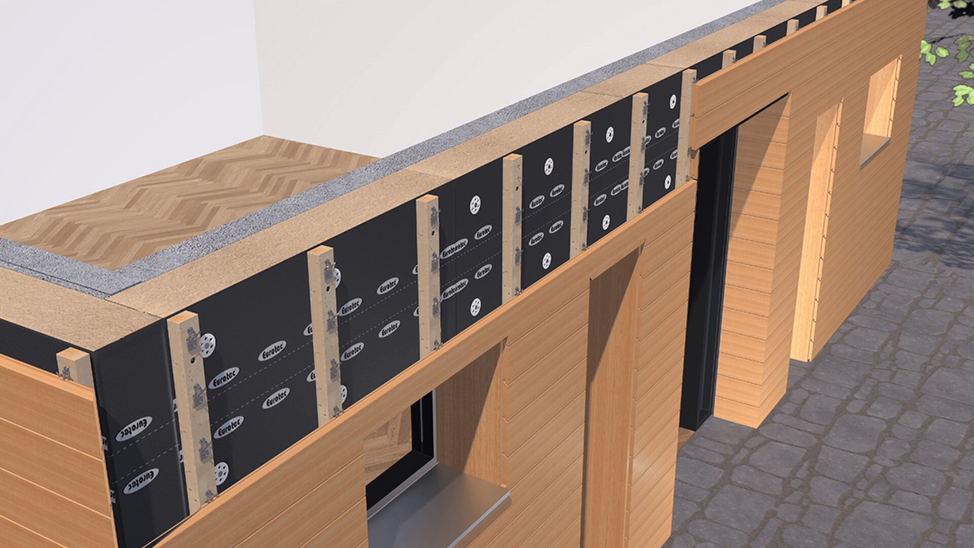A close-up rendering of a building under construction, showing wooden framing, black insulation panels, metal fasteners, window openings, and a partially finished roof with herringbone patterned wood.