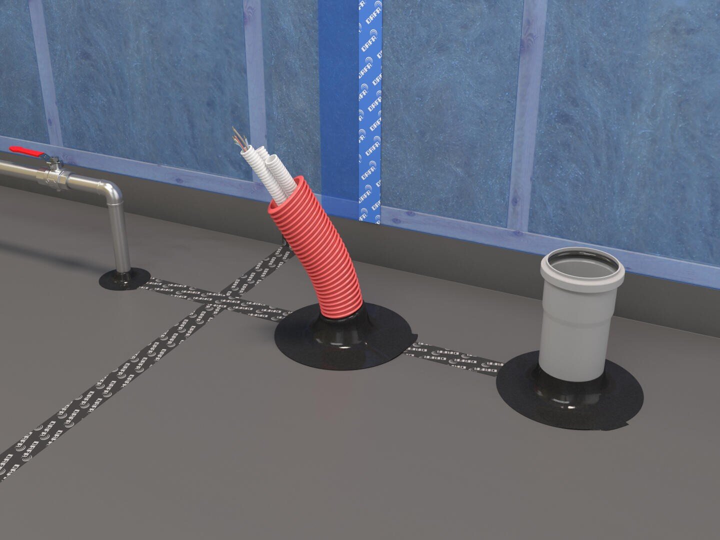 Eine Nahaufnahme eines Betonbodens mit zwei Rohrdurchführungen: ein rotes flexibles Rohr mit Drähten und ein graues Kunststoffrohr, beide mit schwarzem Klebeband abgedichtet; im Hintergrund ist an der Wand eine blaue Isolierung zu sehen.