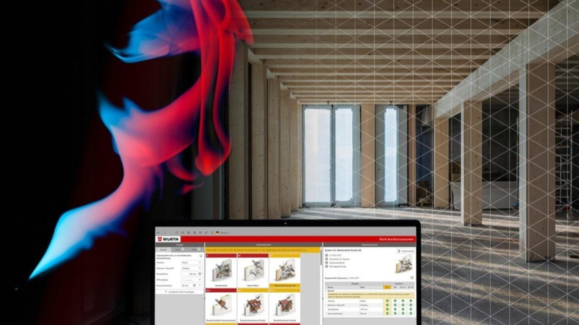Ein Computerbildschirm zeigt eine Bauplanungssoftware vor einem unfertigen hölzernen Innenraum mit großen Fenstern; bunte Lichtstreifen und ein geometrisches Raster sorgen für einen digitalen Effekt.