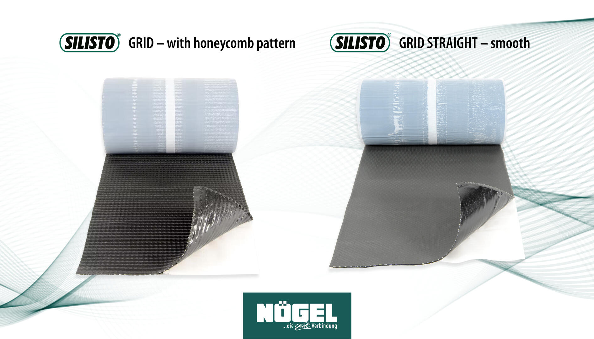 Two SILISTO® mats are shown: on the left, a roll with a black honeycomb grid pattern, and on the right, a roll with a smooth black surface. Both mats are partially unrolled, displaying their textures. Nögel logo is at the bottom.