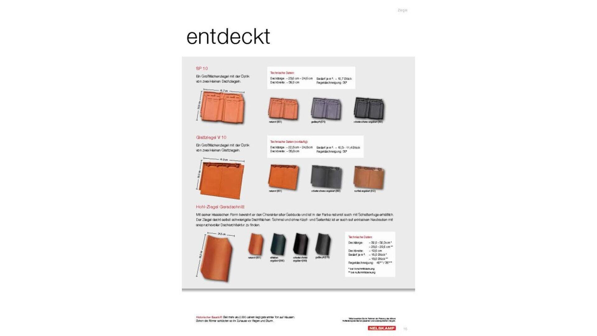 A German product catalog page titled “entdeckt” displays various leather wallets and cases in different colors and styles, each with descriptions, item numbers, and dimensions.