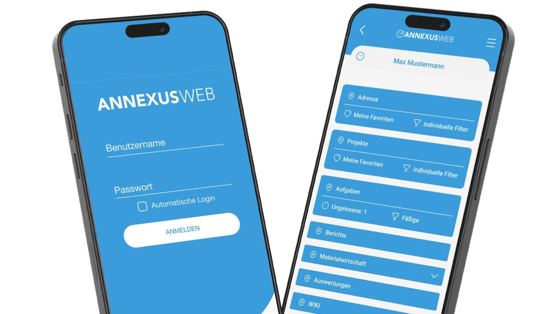 Zwei Smartphones zeigen die ANNEXUSWEB-App an; eines zeigt den Anmeldebildschirm auf Deutsch, das andere ein Benutzer-Dashboard mit Navigationsoptionen wie Adresse, Projekte, Aufgaben, Berichte und mehr.