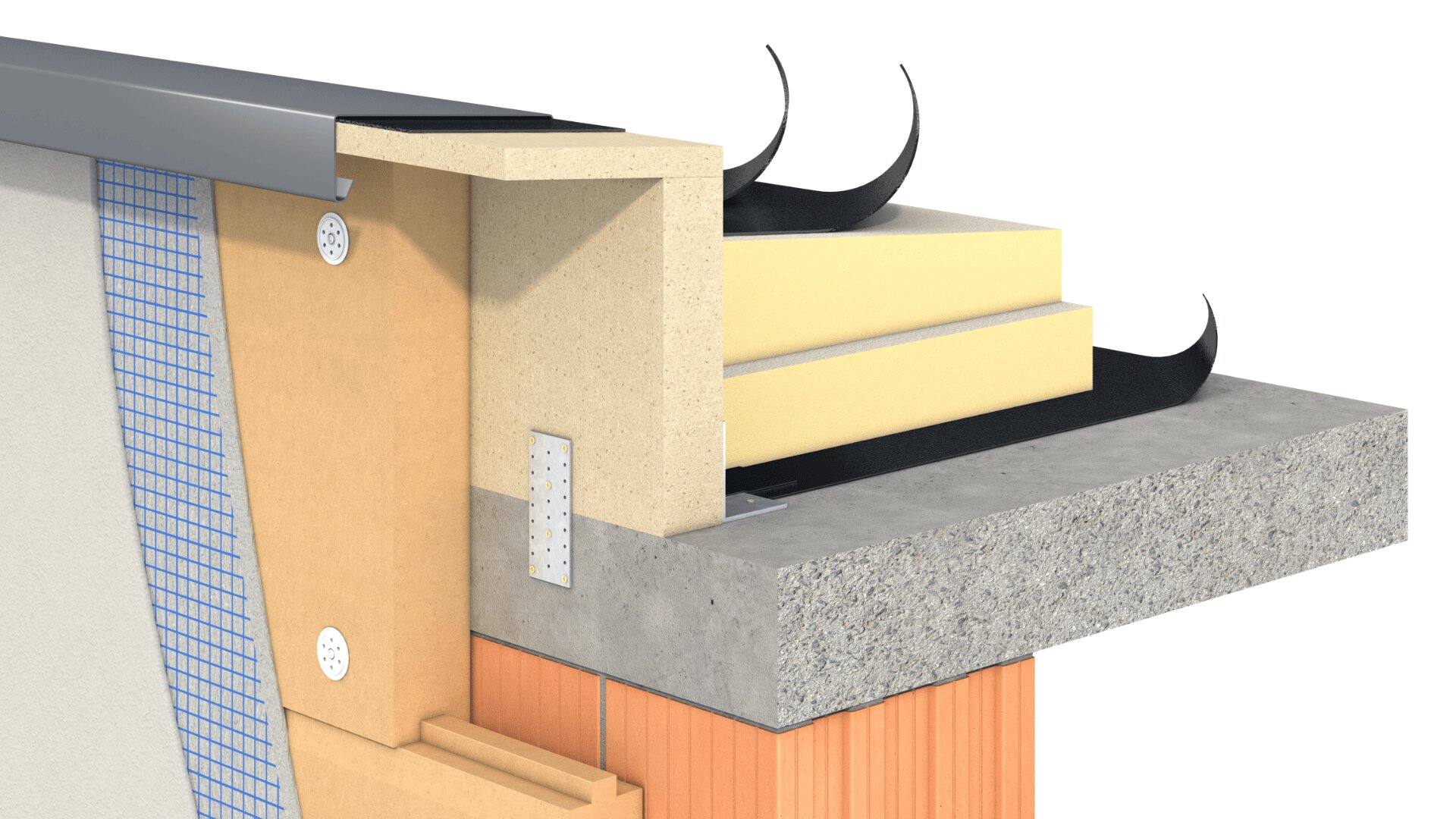 Cross-section illustration of a building wall showing layers of insulation, concrete, waterproof barriers, brick, plaster, and metal flashing, detailing the construction and material placement.