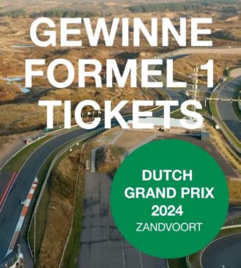 Luftaufnahme einer Rennstrecke mit großem Text in Deutsch: GEWINNE FORMEL 1 TICKETS. Darunter steht in einem grünen Kreis: GROSSER PREIS DER NIEDERLANDE 2024 ZANDVOORT.
