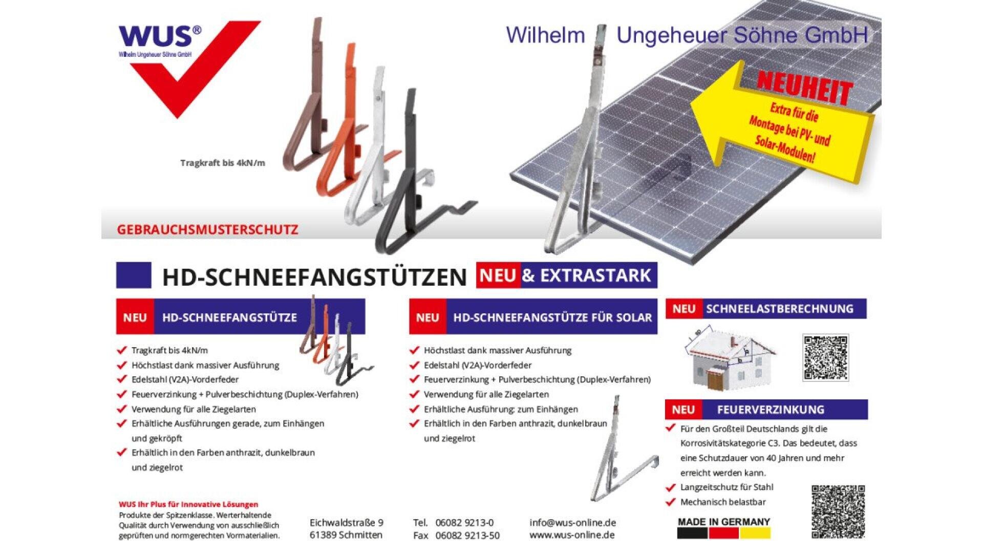 Advertisement for WUS HD snow guard supports, featuring images of metal support products, solar panels, diagrams, and checklists in German describing features such as extra strength, fire resistance, and fast installation.