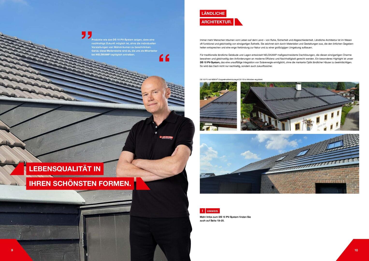 Ein Mann in einem schwarzen Hemd steht mit verschränkten Armen vor einem Ziegeldach. Auf roten Bannern steht "Lebensqualität in ihren schönsten Formen". Die rechte Seite zeigt drei Häuser mit unterschiedlichen Dachformen und Textbeschreibungen.