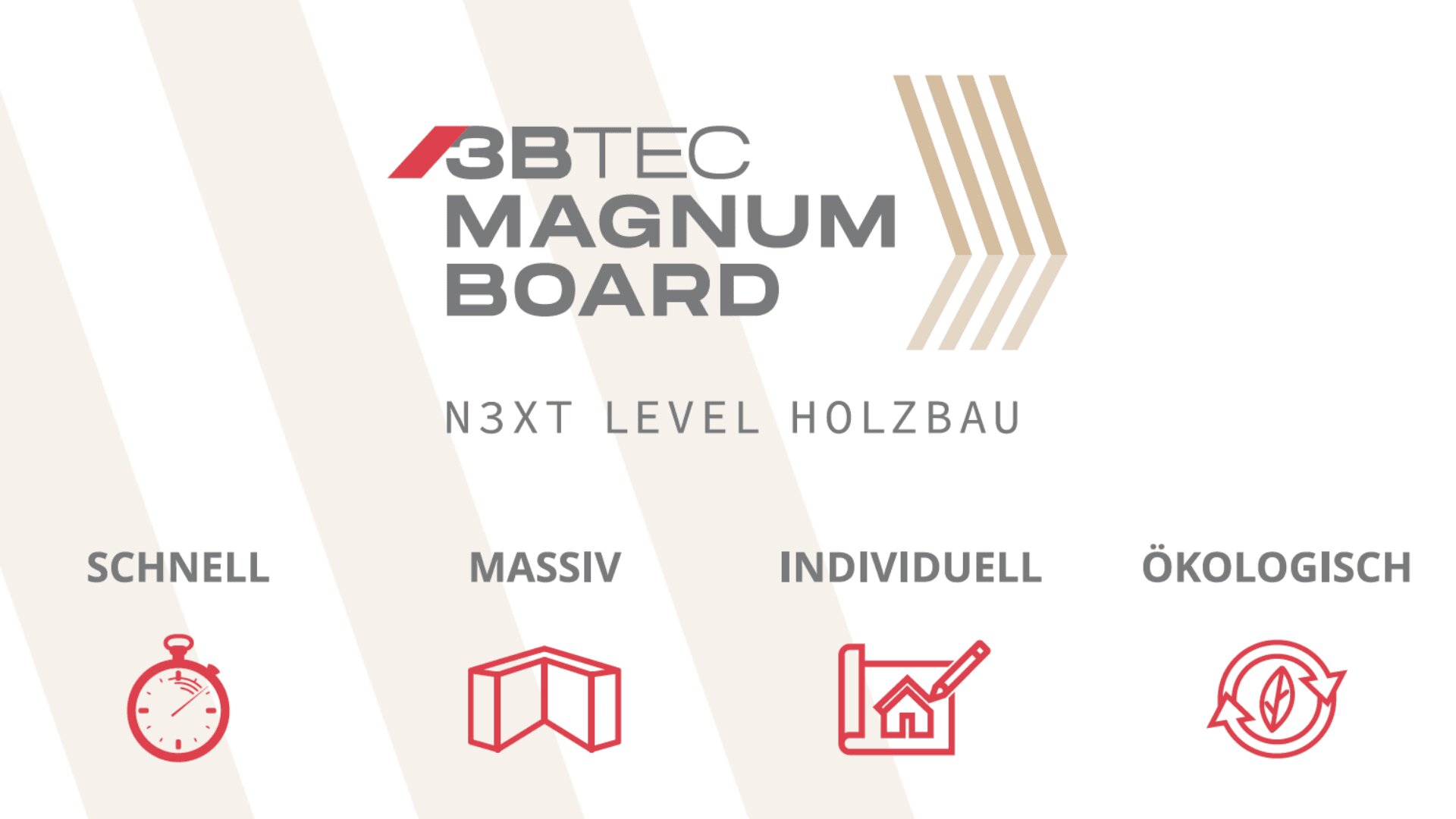 Logo für 3BTEC Magnum Board mit dem Slogan N3XT LEVEL HOLZBAU. Die folgenden Symbole repräsentieren die Eigenschaften: schnell, solide, individuell und ökologisch, jeweils gepaart mit entsprechenden roten Strichzeichnungssymbolen und deutschem Text.