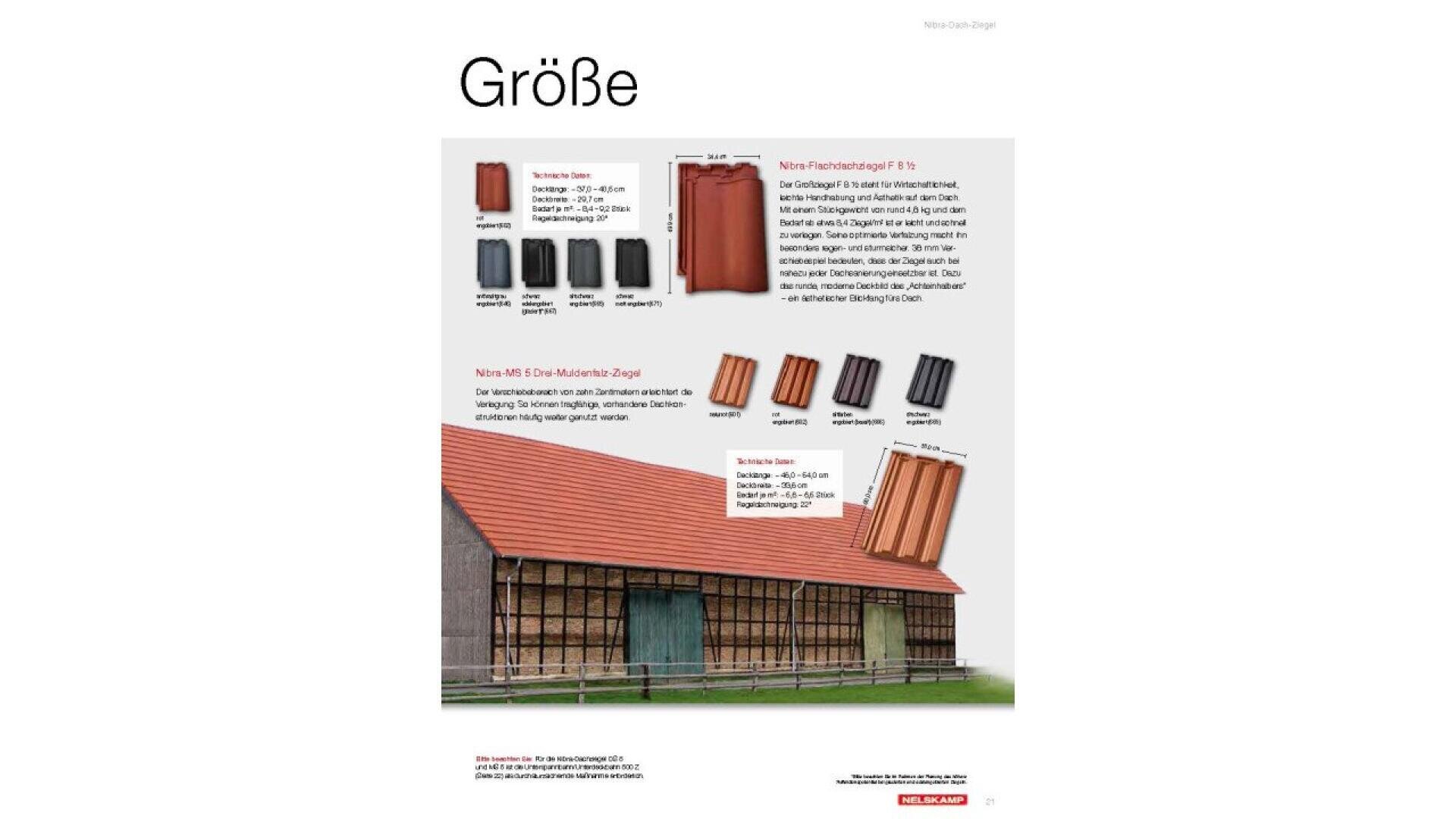 A page showing various roof tiles with names, sizes, and colors labeled above a photo of a barn with a red-tiled roof. The title “Größe” is at the top. Text descriptions and diagrams highlight tile options and dimensions.