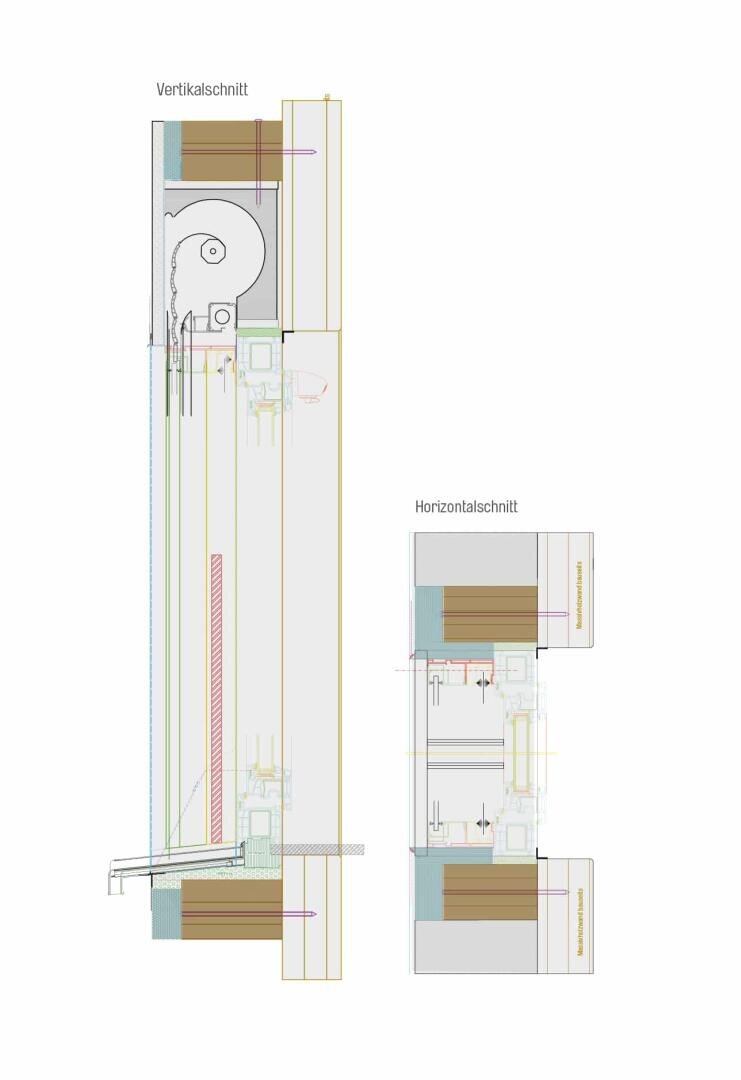 Technische Architekturzeichnung, die einen vertikalen Schnitt (links mit Vertikalschnitt bezeichnet) und einen horizontalen Schnitt (rechts mit Horizontalschnitt bezeichnet) eines Gebäudedetails mit strukturellen und mechanischen Elementen zeigt.