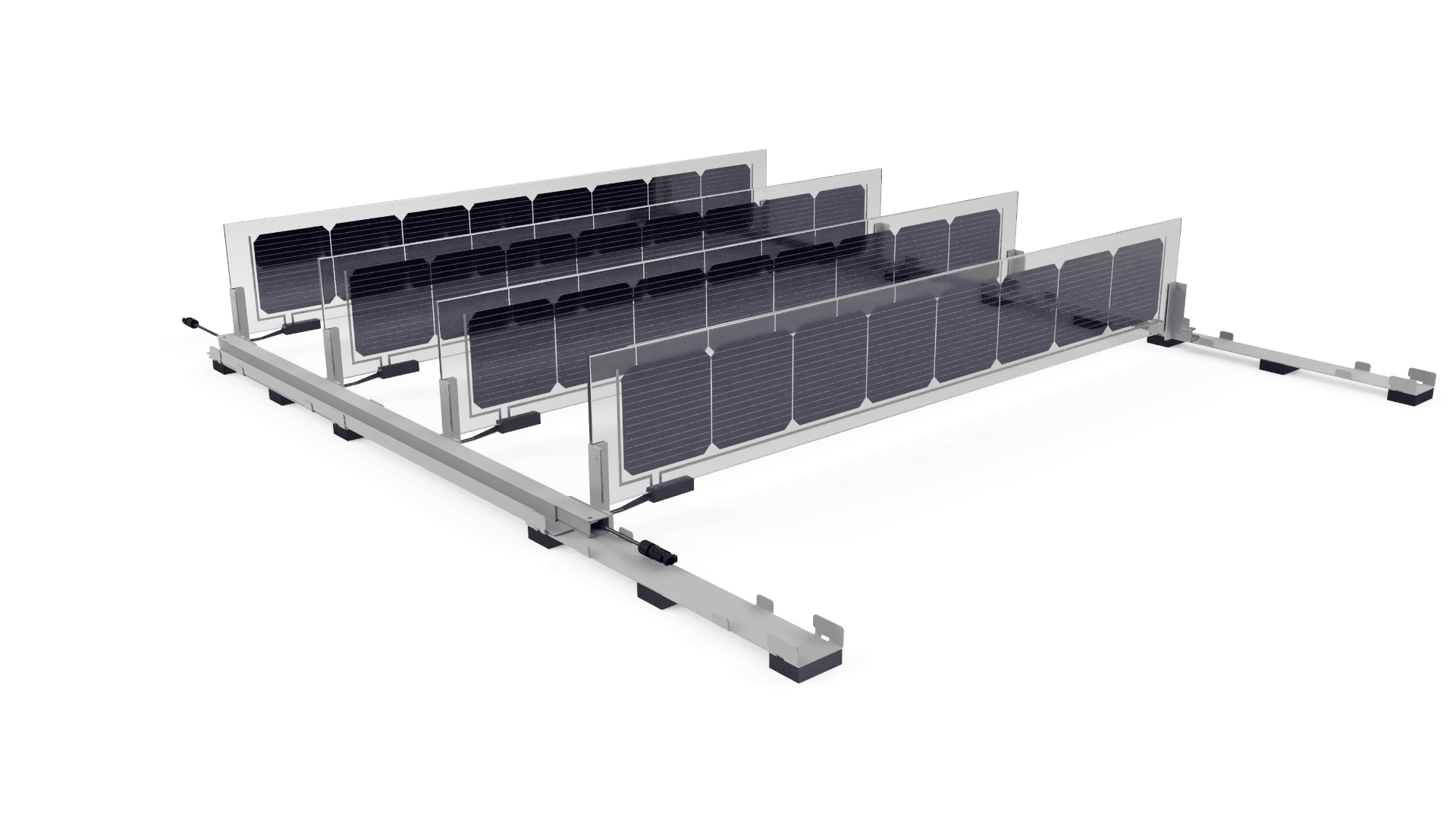 Ein 3D-Rendering eines Metallmontagerahmens mit drei Reihen vertikaler rechteckiger Solarmodule, der für die Installation auf flachen Oberflächen konzipiert ist und vor einem weißen Hintergrund dargestellt ist.