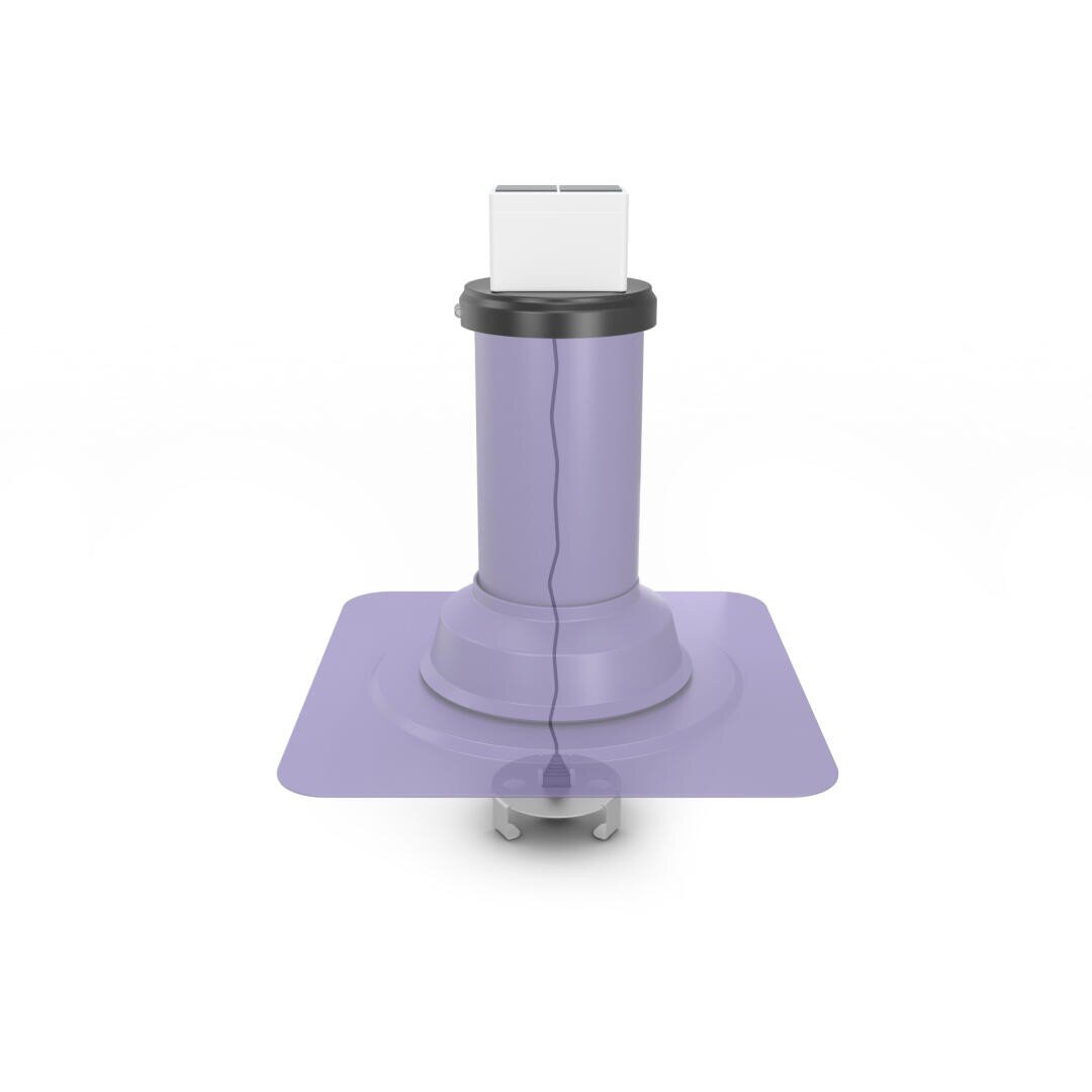 Ein zylindrisches, violettes Entlüftungsrohr mit einer flachen, quadratischen Basis, einer schwarzen Oberseite und zwei kleinen, rechteckigen Auslässen, dargestellt vor einem weißen Hintergrund.