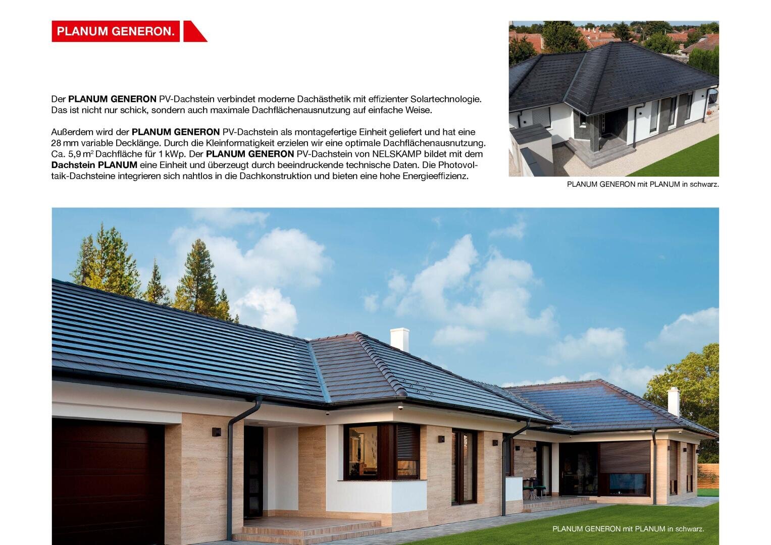 Ein modernes Haus mit einem dunklen, eleganten PV-Solardach, weißen und hölzernen Außenwänden, einer überdachten Terrasse und einem gepflegten Rasen; zwei kleinere Bilder zeigen ähnliche Häuser mit demselben Solardachstil.