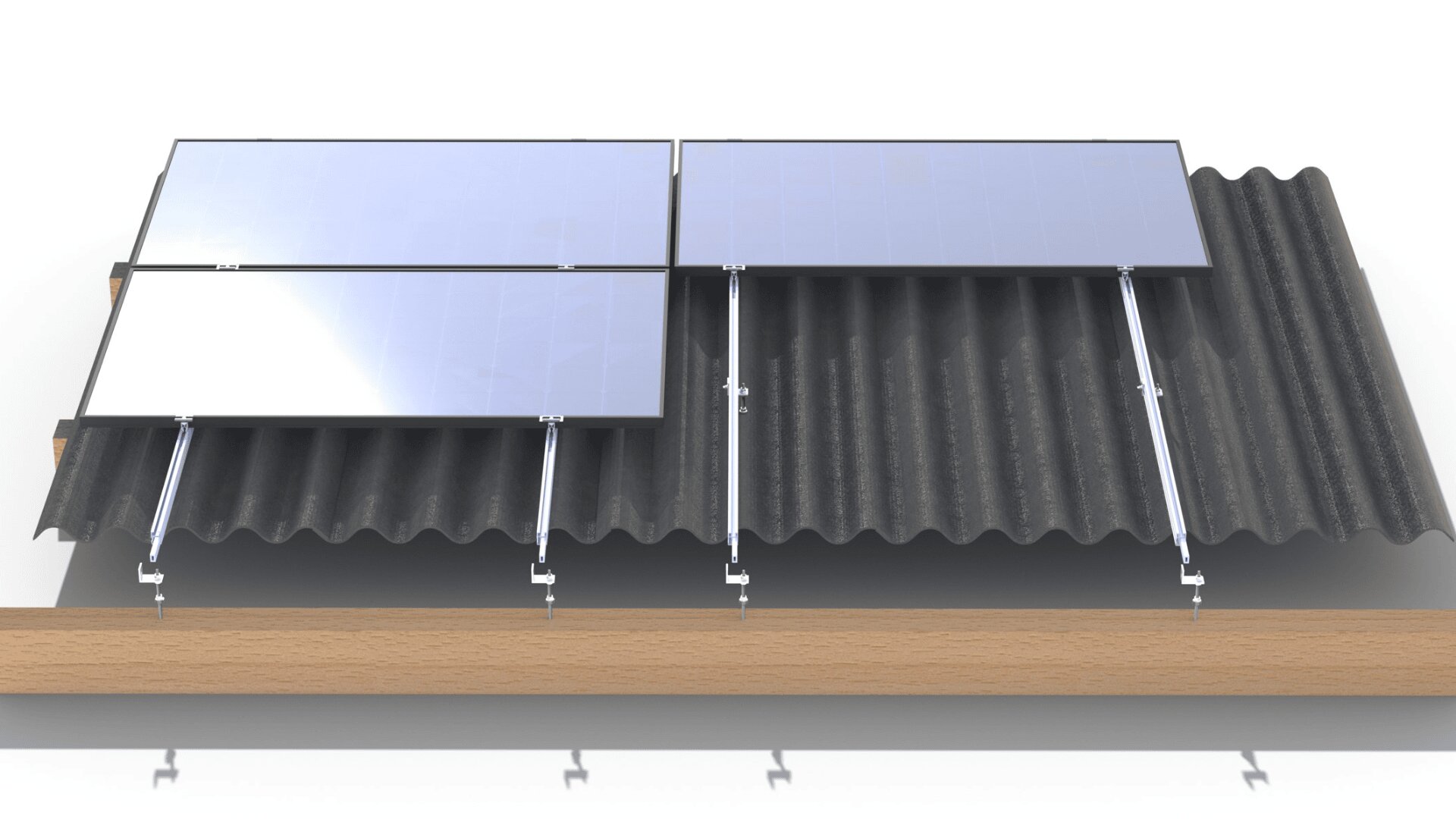 Zwei Solarmodule sind mit Metallhalterungen und -schienen auf einem dunklen Wellblechdach montiert und werden von einem darunterliegenden Holzbalken getragen. Die Module sind geneigt und reflektieren das Licht.