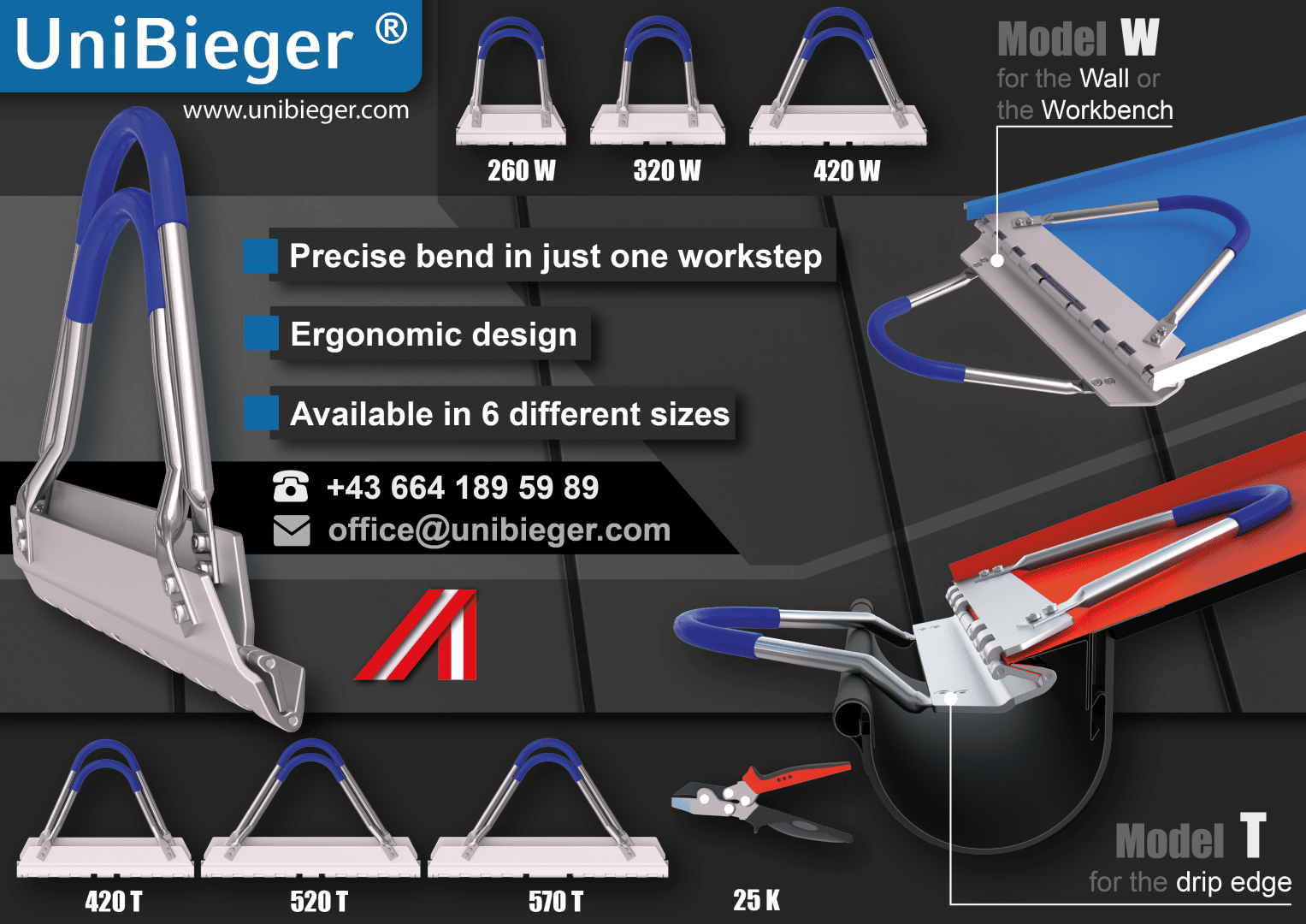 Advertisement for UniBieger metal bending tools, showing six models with blue handles, product names (Model W and Model T), features, contact info, and images of the tools for workbench, wall, and drip edge applications.
