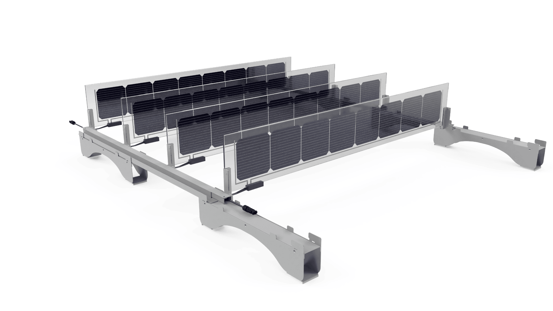 Ein 3D-gerendertes Bild mehrerer Reihen von Glas-Glas-Solarmodulen, die auf einer Metallträgerstruktur montiert sind, mit sichtbarer Verkabelung, die für eine effiziente Gewinnung von Solarenergie konzipiert ist.