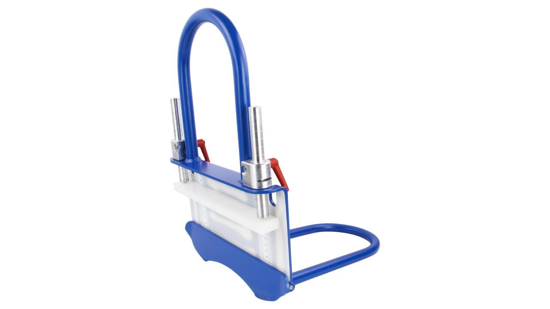 A blue and white metal tool with a curved handle, two vertical rods, red levers, and a base, designed for precisely slicing or cutting blocks, such as soap or cheese.